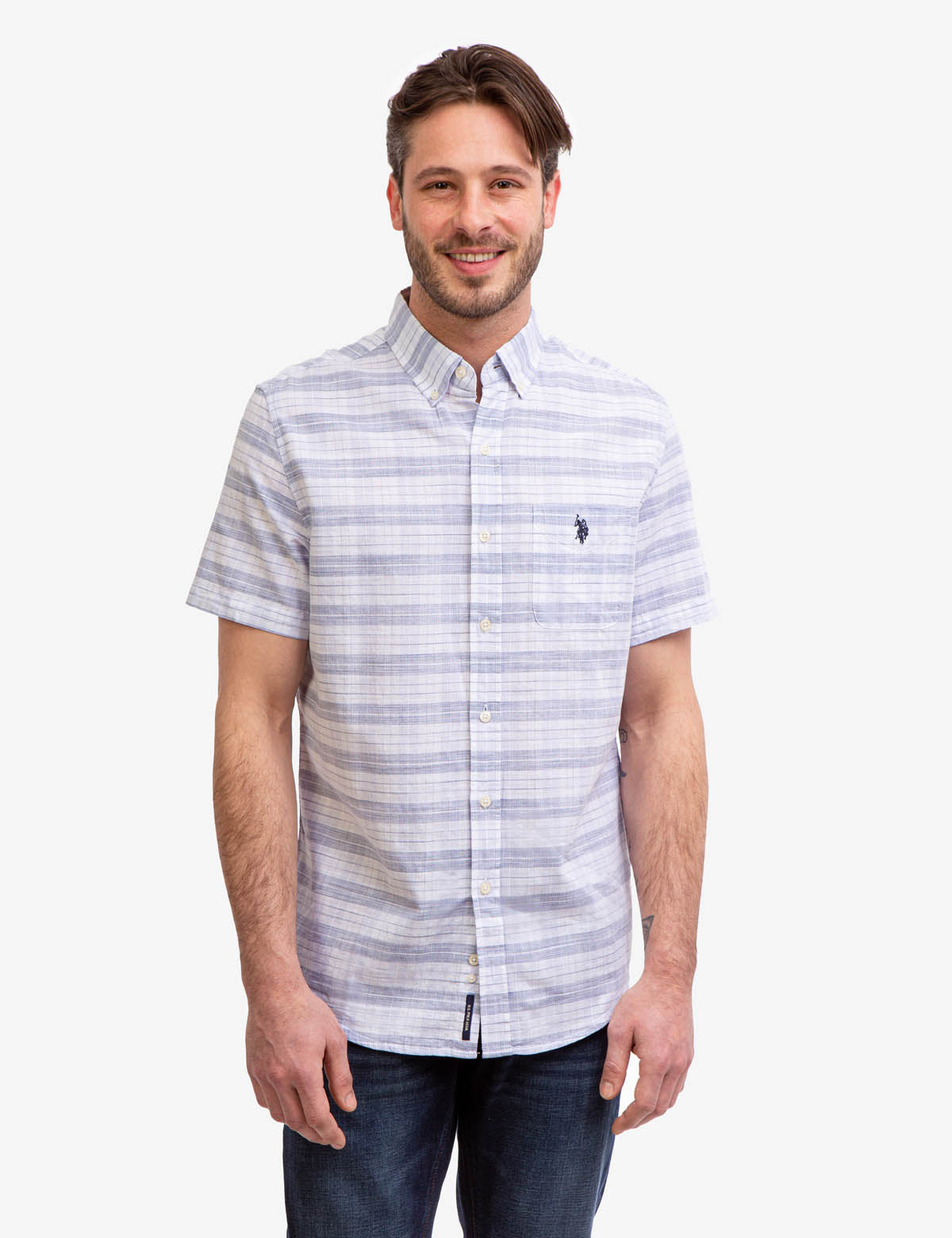 Space Dye Dobby Plaid Shirt with Short Sleeves & Logo | U.S. Polo Assn.