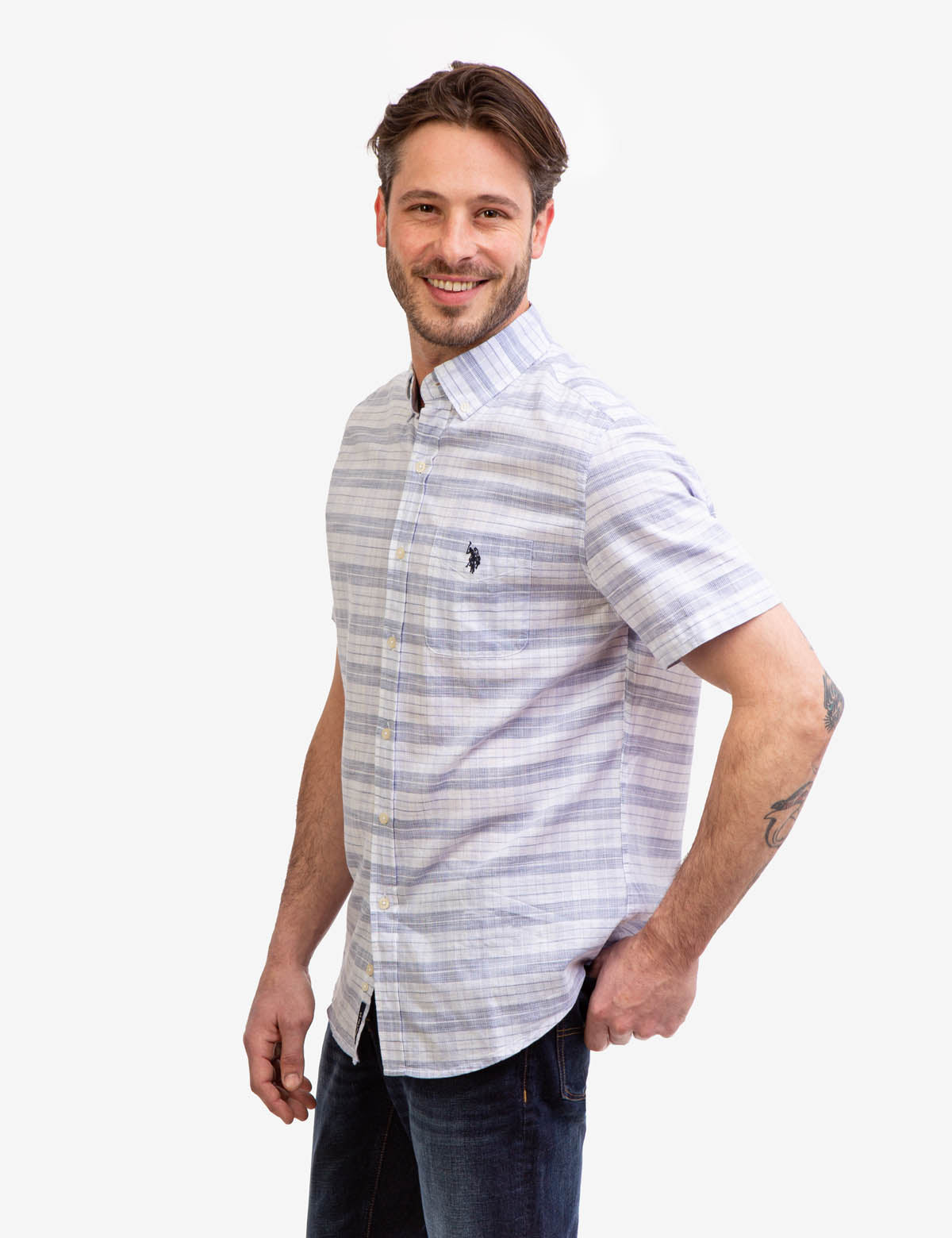 Space Dye Dobby Plaid Shirt with Short Sleeves & Logo | U.S. Polo Assn.