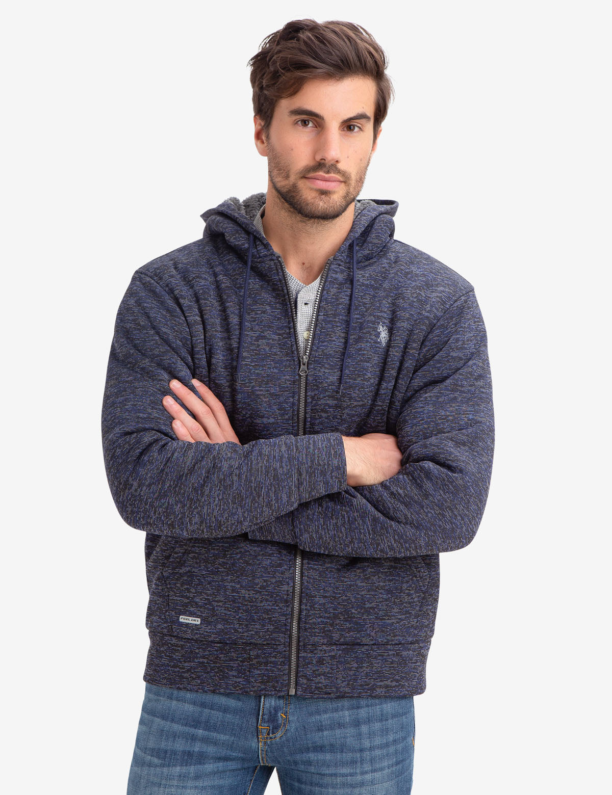 Faux Shearling Lined Hoodie with Embroidered Logo | Space Dye