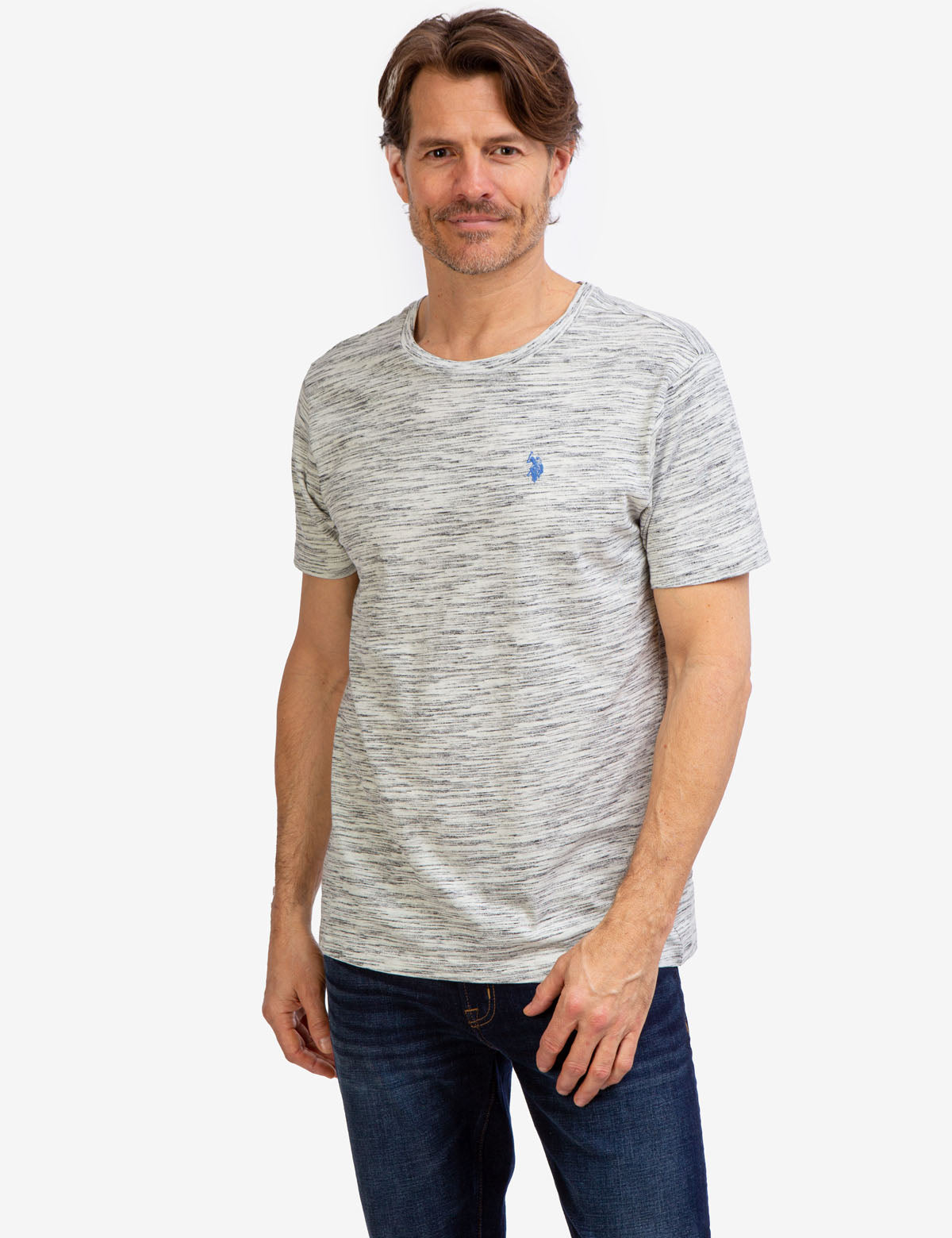 Space Dye Cotton Jersey T-Shirt with Embroidered Logo | Crew Neck