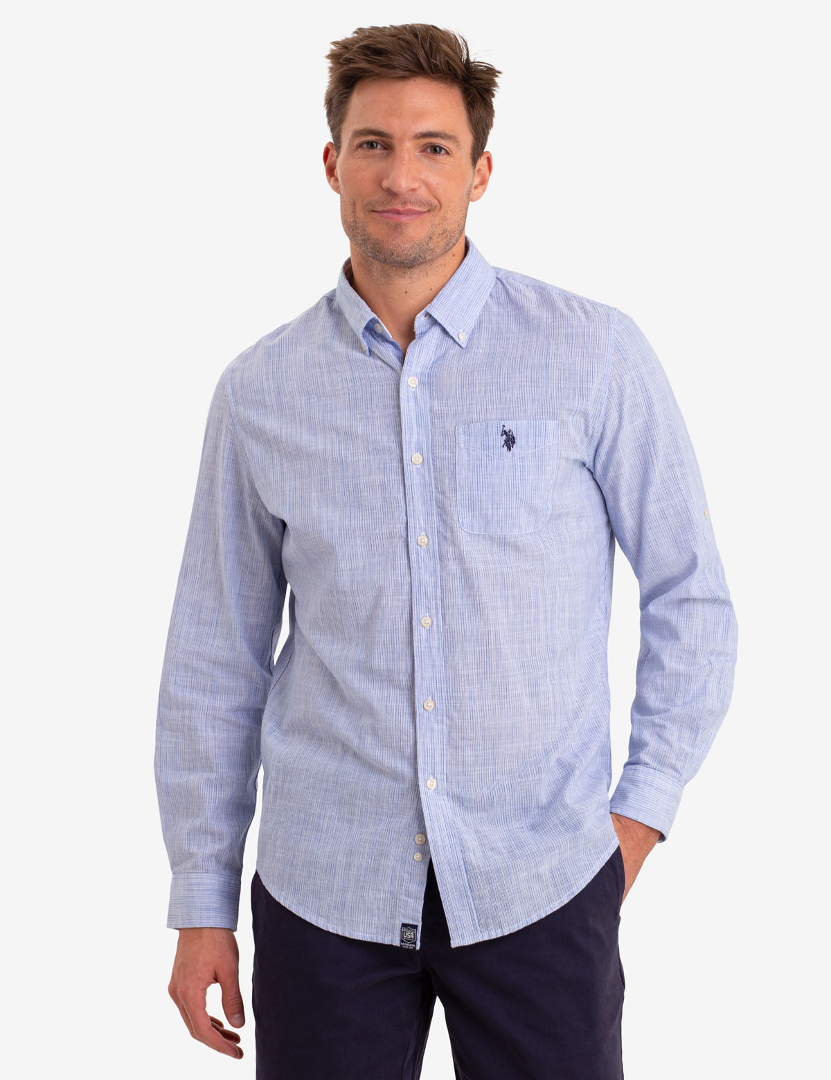 Space Dye Slub Long Sleeve Shirt with Button Front & Logo Pocket