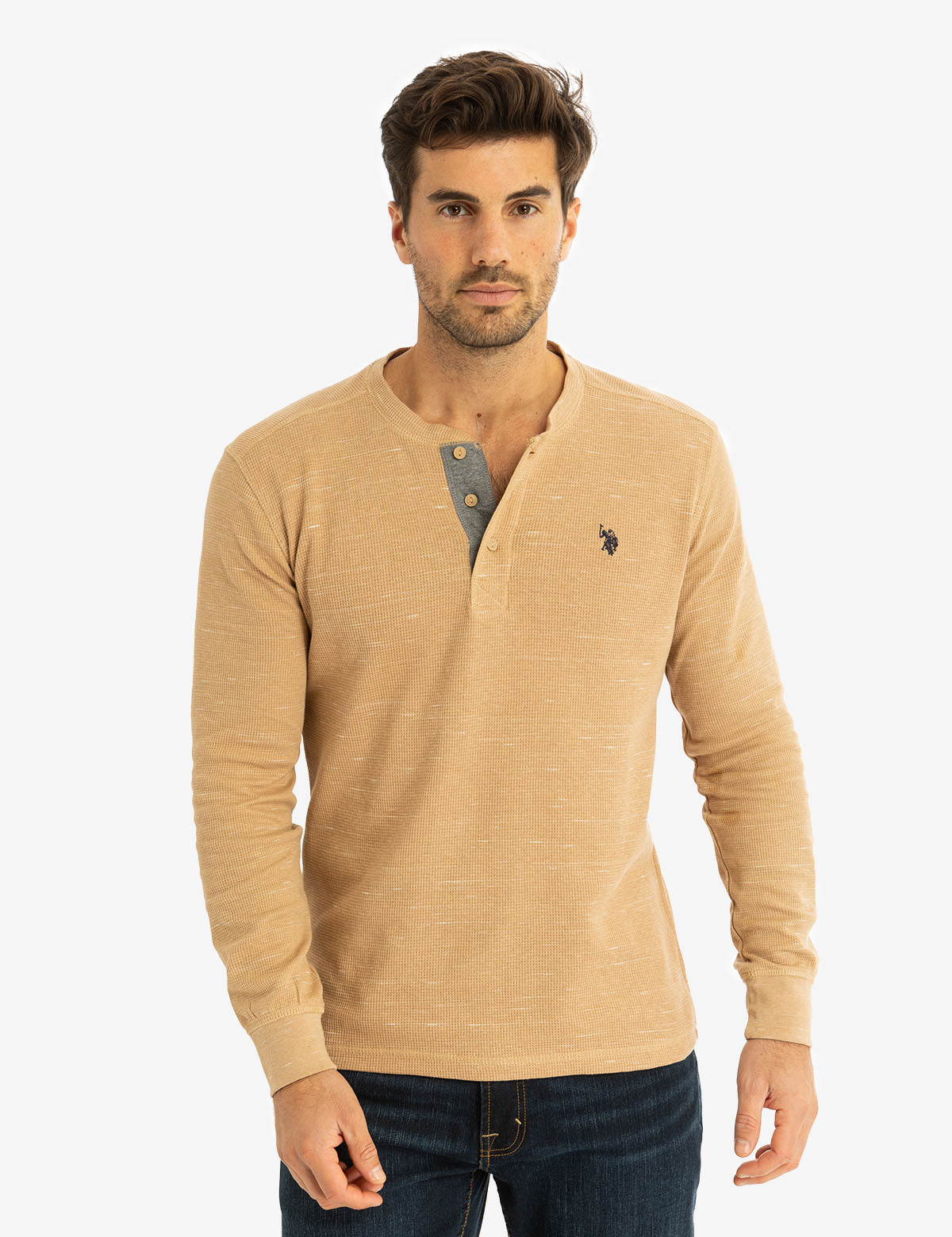 Space Dye Cotton Thermal Henley Shirt | Vented Hems & Embroidered Logo