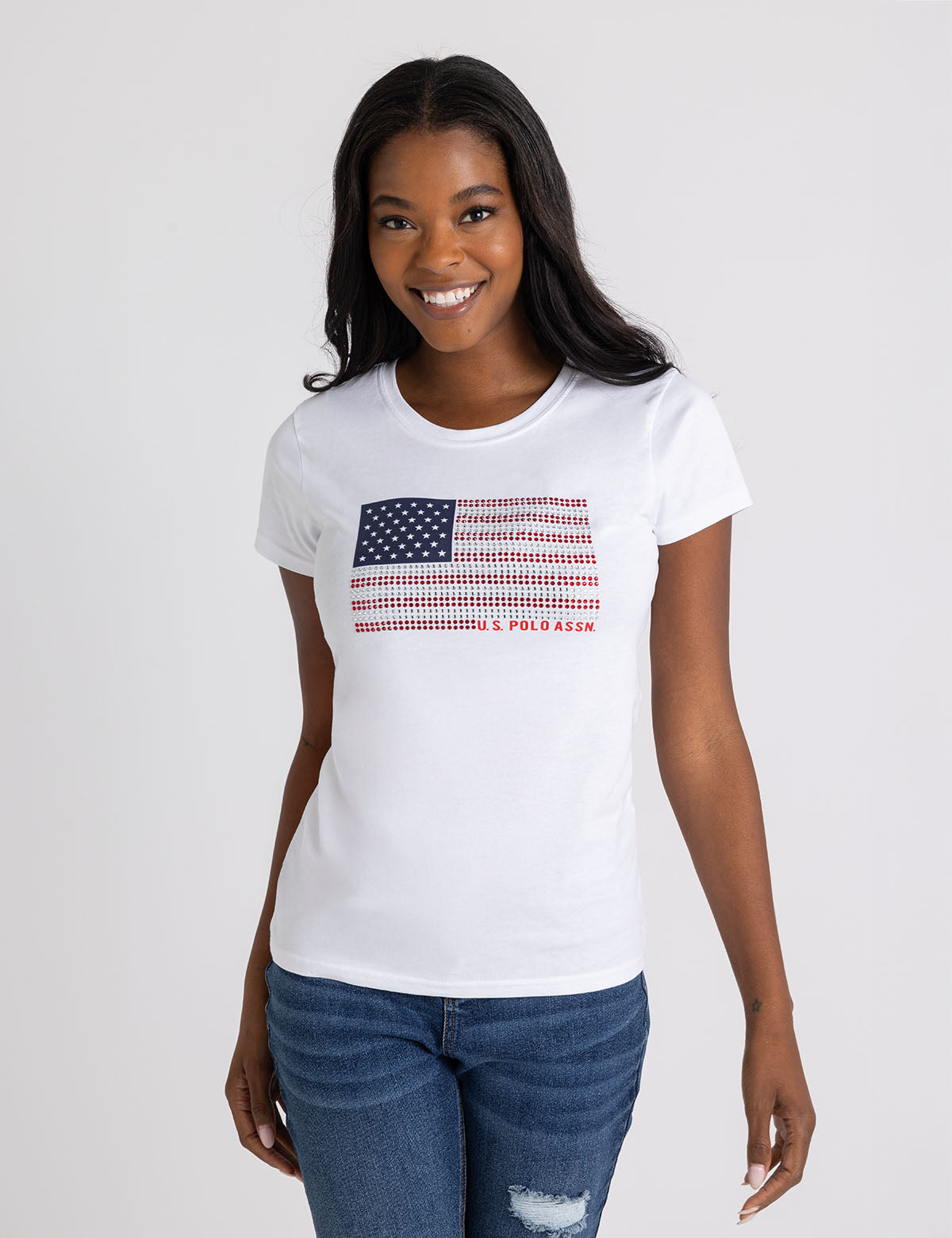 "Rhinestone Flag Jersey T-Shirt with Semi Scoop Neck | [Brand Name]"  

*(Note: Replace [Brand Name] with the actual brand if applicable. If no brand is specified, you may omit the " | [Brand Name]" portion to keep the title concise.)*  

(Character count: 48 without brand name, ~60 with brand name)