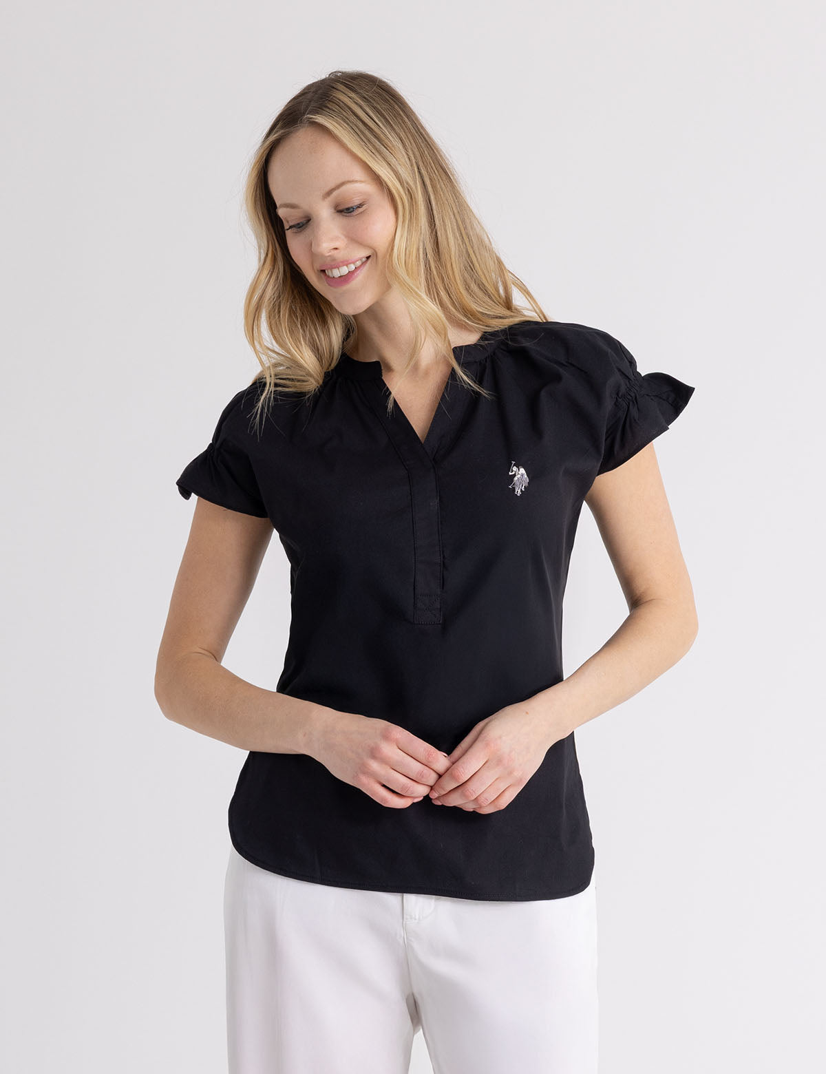 Flutter Sleeve Popover Top with Split Neck | Casual Blouse