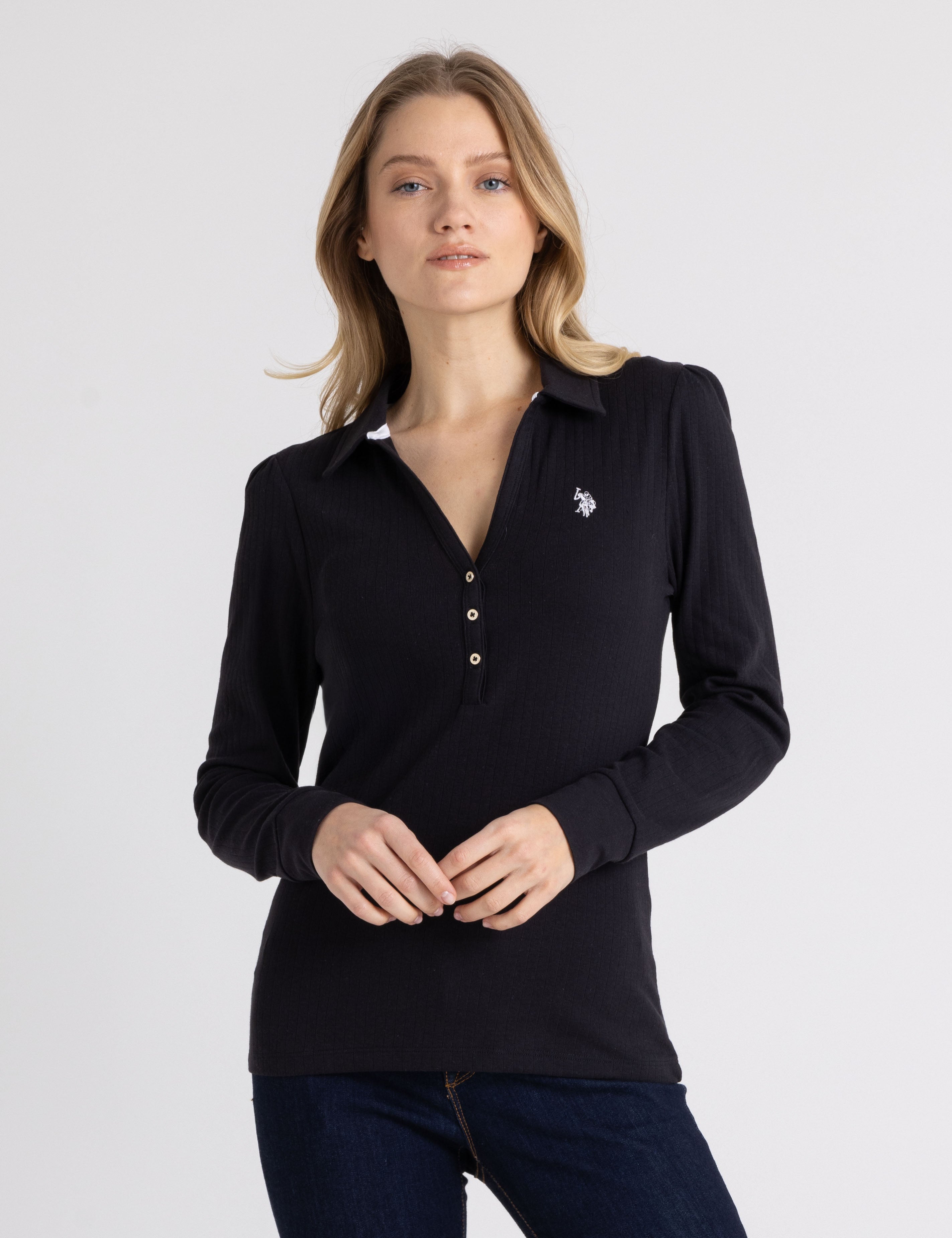Split Neck Long Sleeve Rib Polo Shirt for Men | Comfort Fit