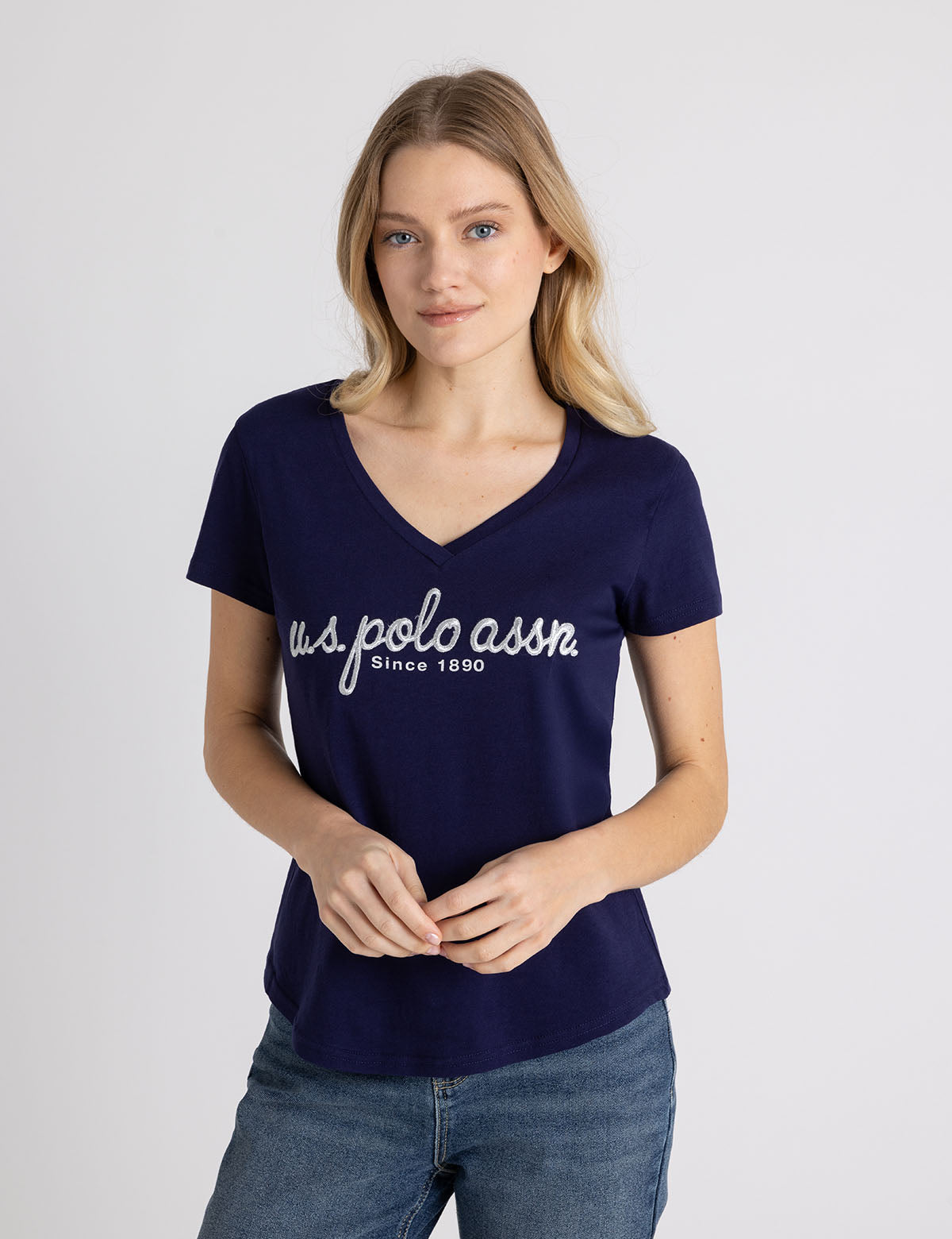 Metallic Script V-Neck T-Shirt for Women | Casual Graphic Tee
