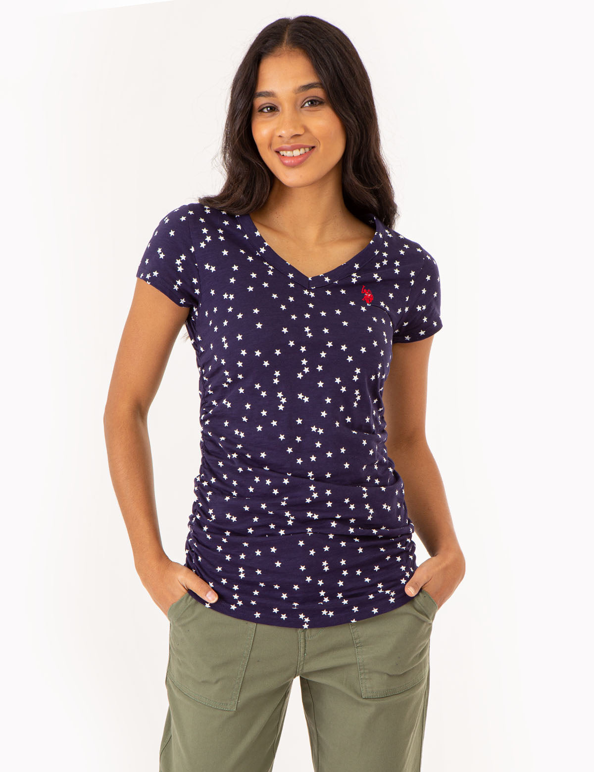 Star Print Ruched Side V-Neck T-Shirt for Women | Casual Fit