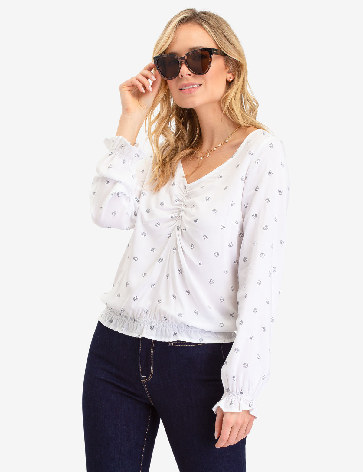 Star Print Ruffle Sleeve Top with V-Neck & Gathered Waist