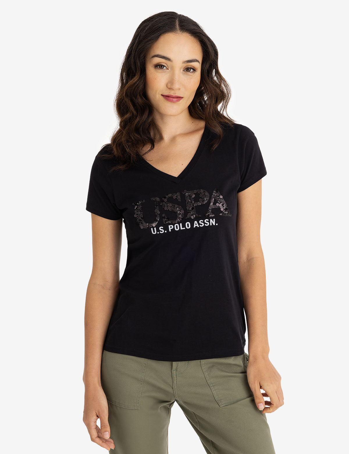 Sparkling V-Neck Jersey T-Shirt with Mixed Sequins | Glamour Wear