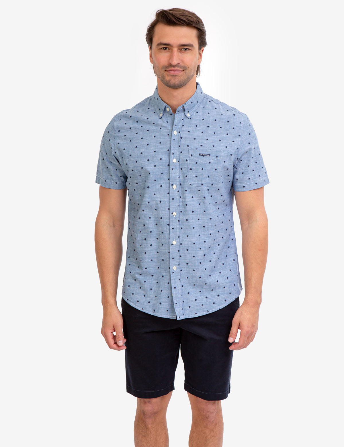 Star Print Slub Cotton Shirt with Button Front & Patch Pocket