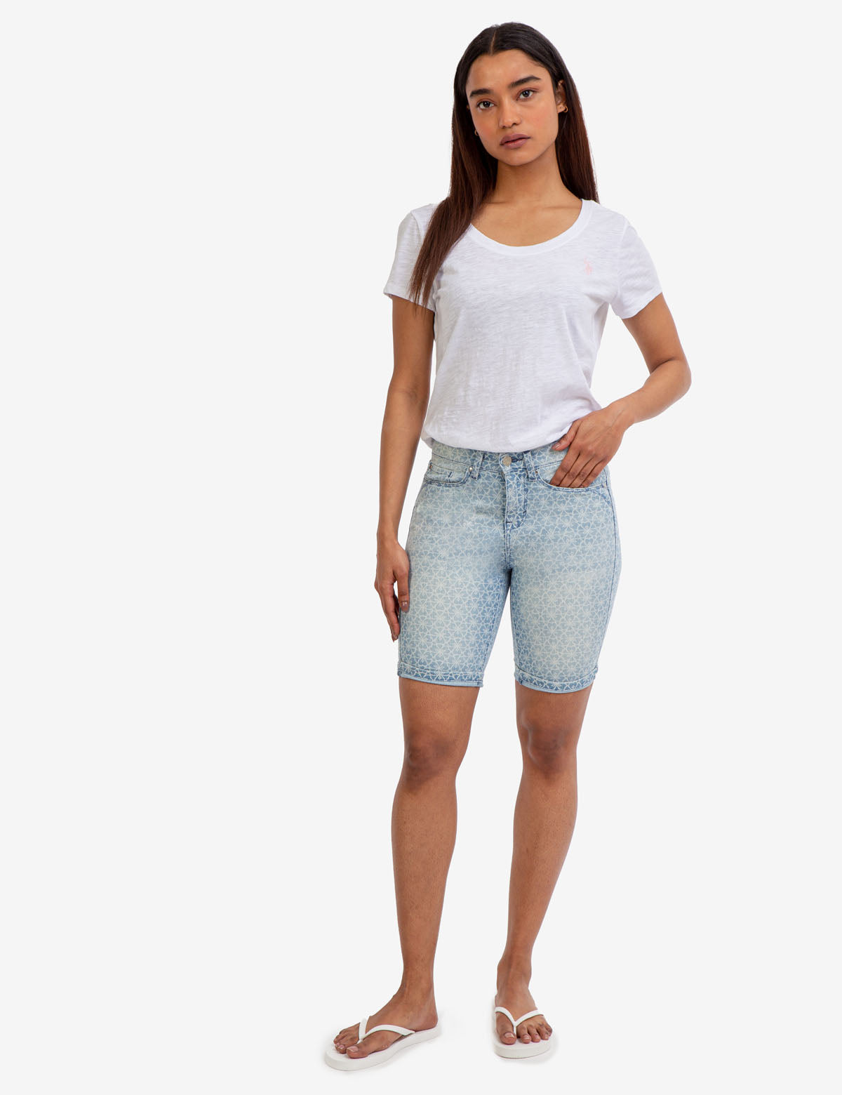 Stretch Denim Shorts with Floral Print & Comfort Fit | Slimming Design