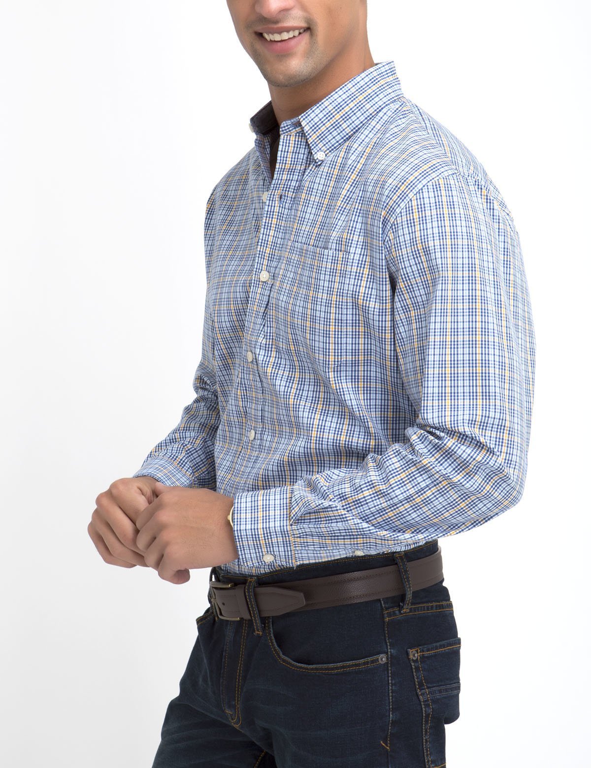 Stretch Fit Plaid Shirt in Cotton Poplin | Long Sleeve & Comfortable