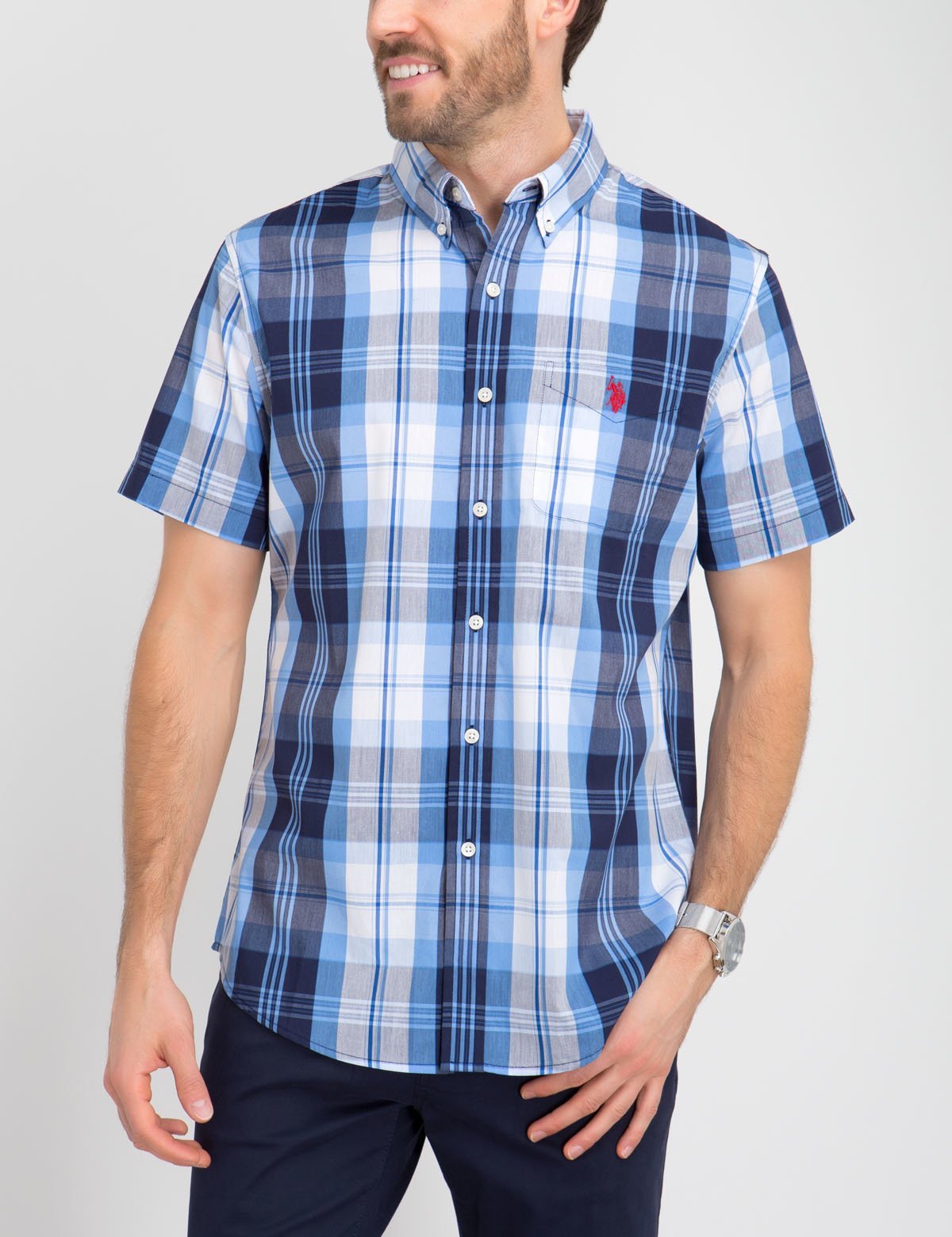 Stretch Cotton Plaid Shirt with Chest Pocket | Short Sleeve Poplin