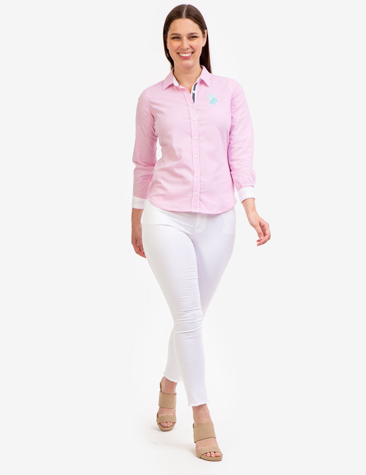 Stretch Oxford Shirt with Embroidered Logo | Multi-Tonal Button-Up