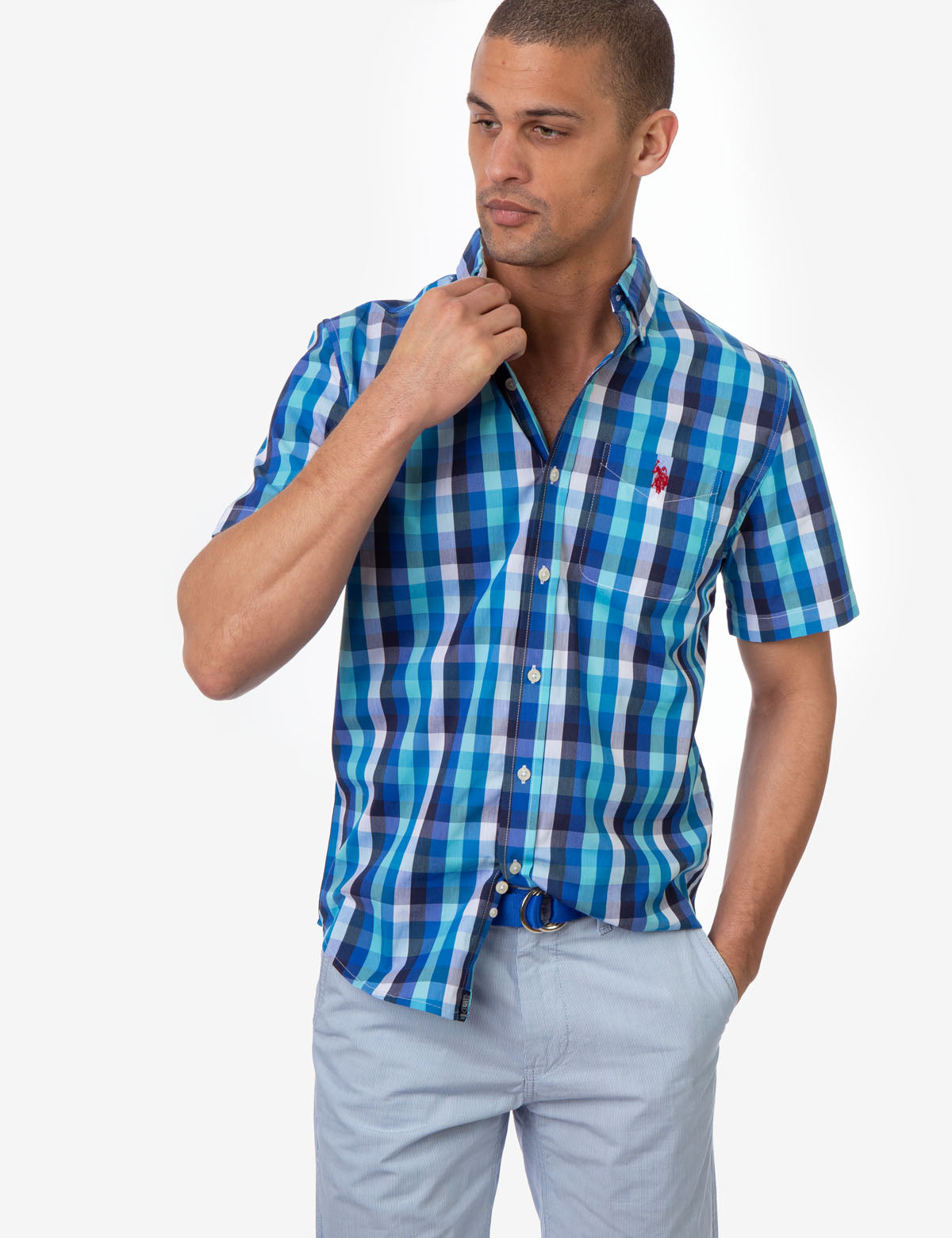 Stretch Poplin Madras Short Sleeve Shirt | U.S. Polo Assn.