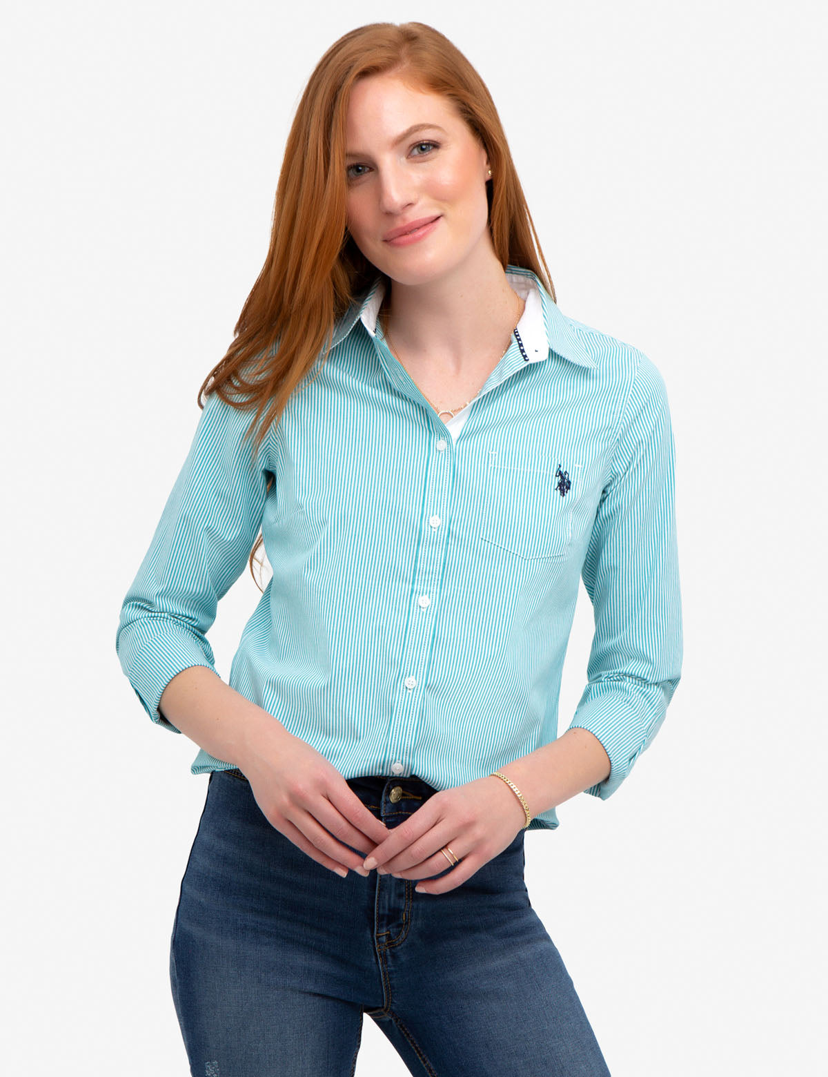 Stretch Poplin Button-Up Shirt with Point Collar | Cotton Blend