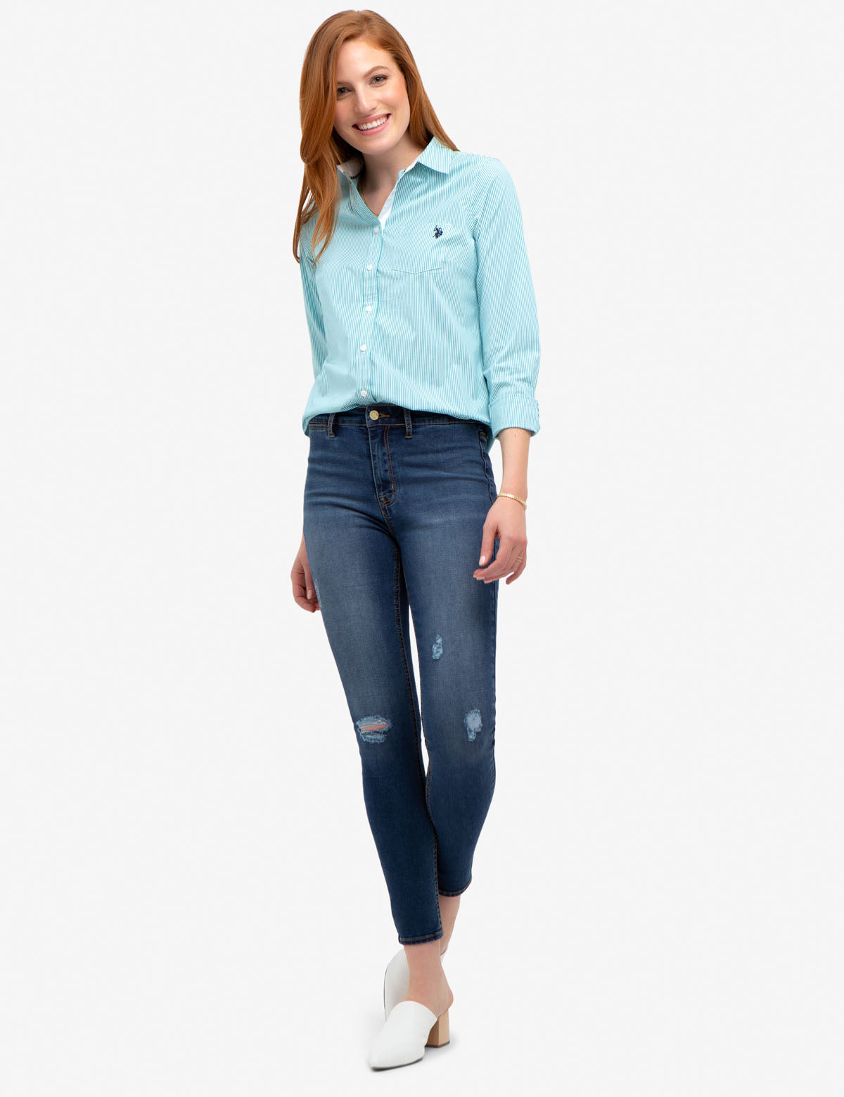 Stretch Poplin Button-Up Shirt with Point Collar | Cotton Blend