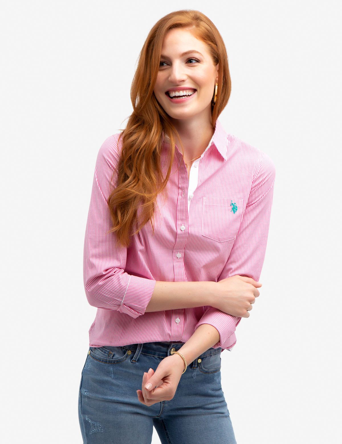 Stretch Poplin Button-Up Shirt with Point Collar | Cotton Blend