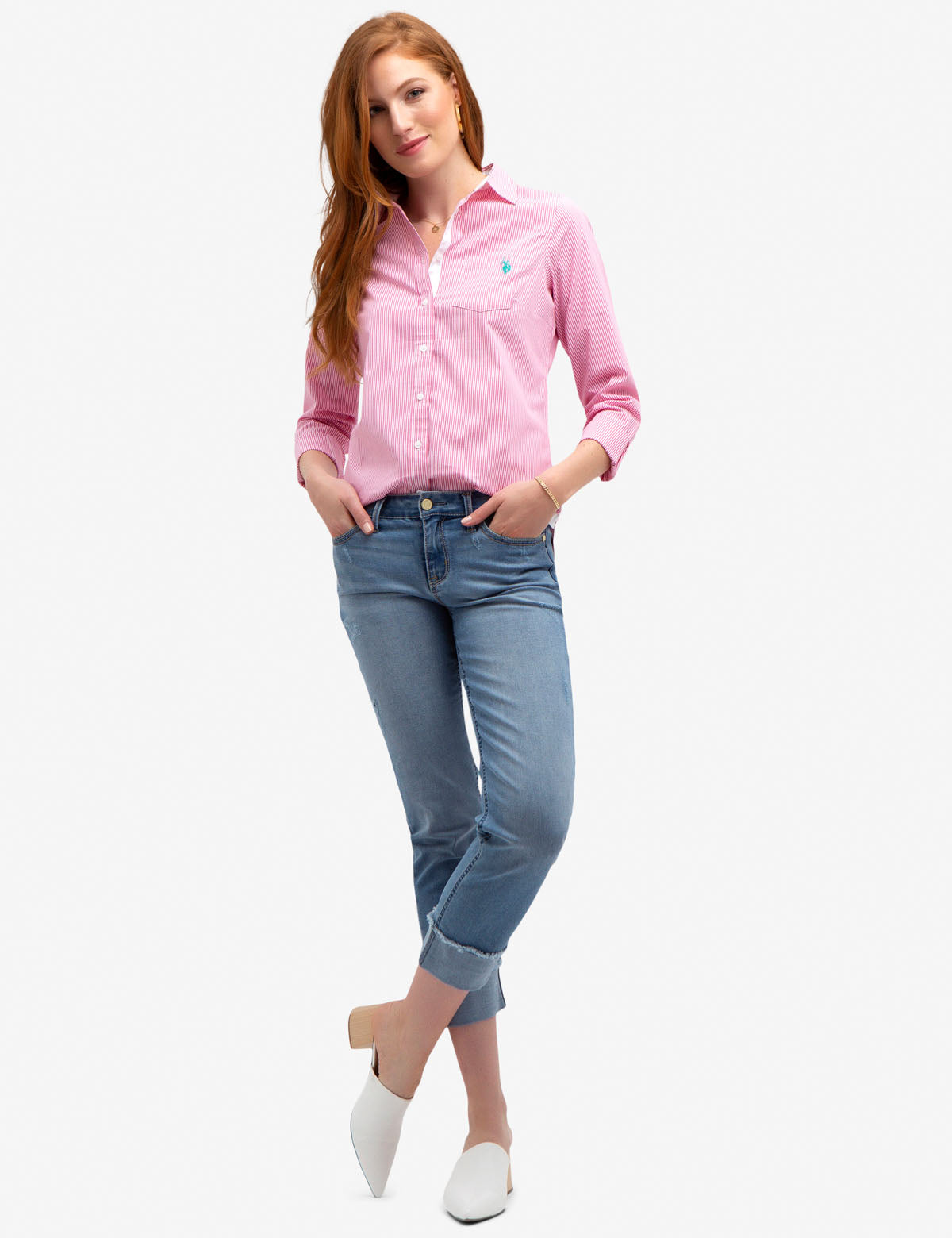 Stretch Poplin Button-Up Shirt with Point Collar | Cotton Blend