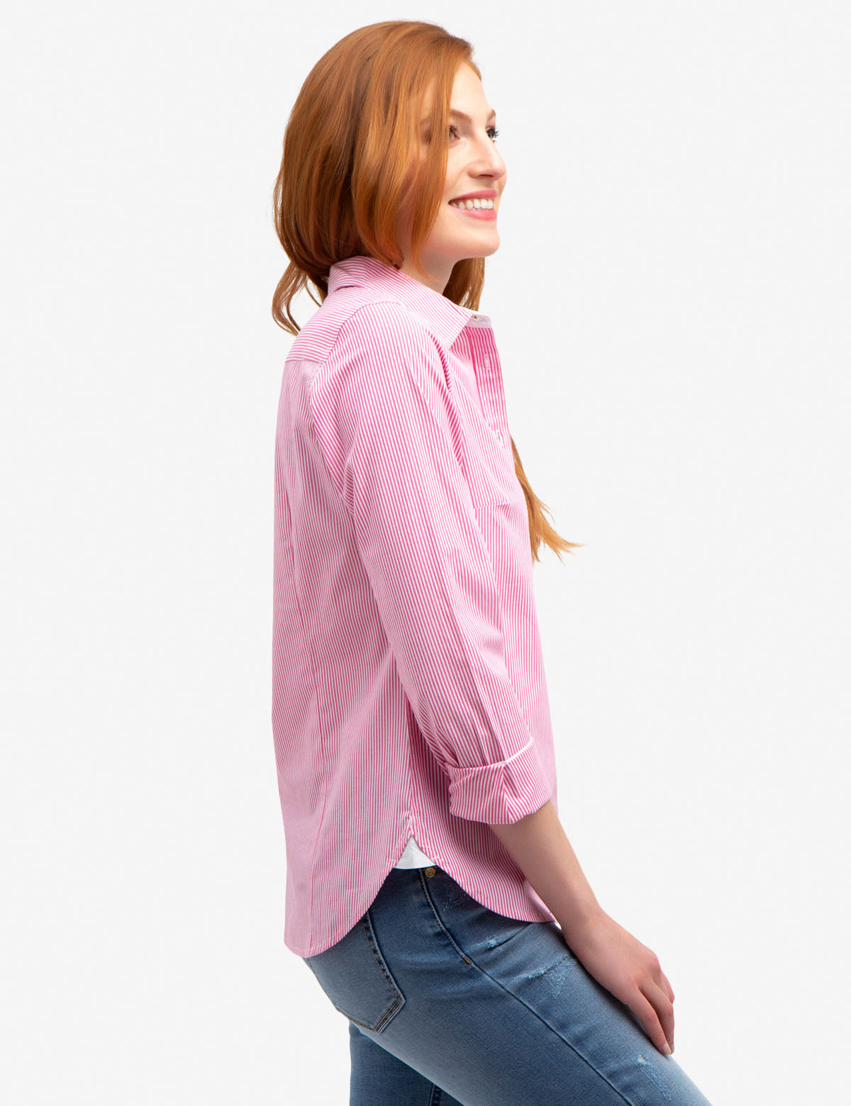 Stretch Poplin Button-Up Shirt with Point Collar | Cotton Blend