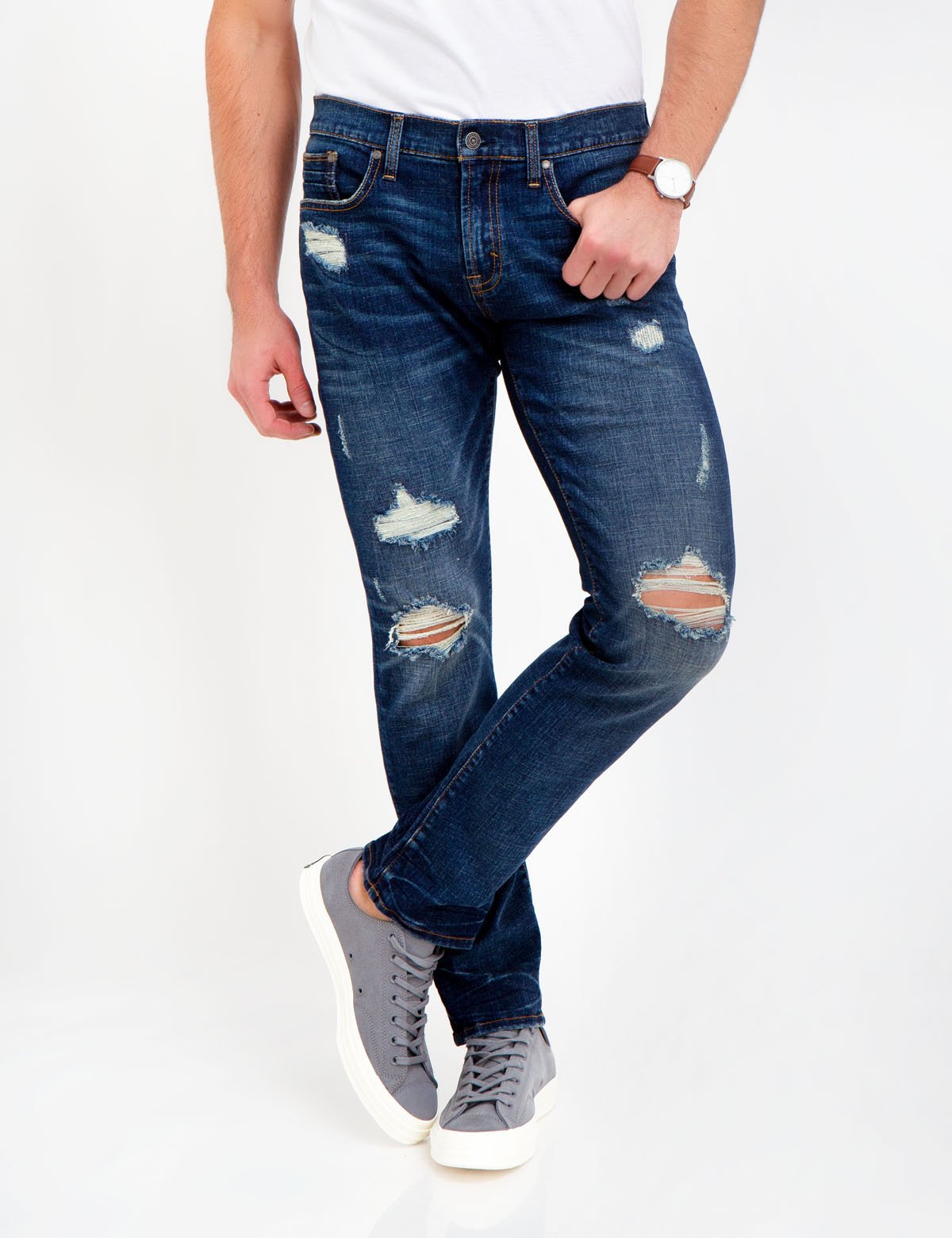Slim Fit Stretch Destroyed Jeans for Men | Heavy Distressed Denim