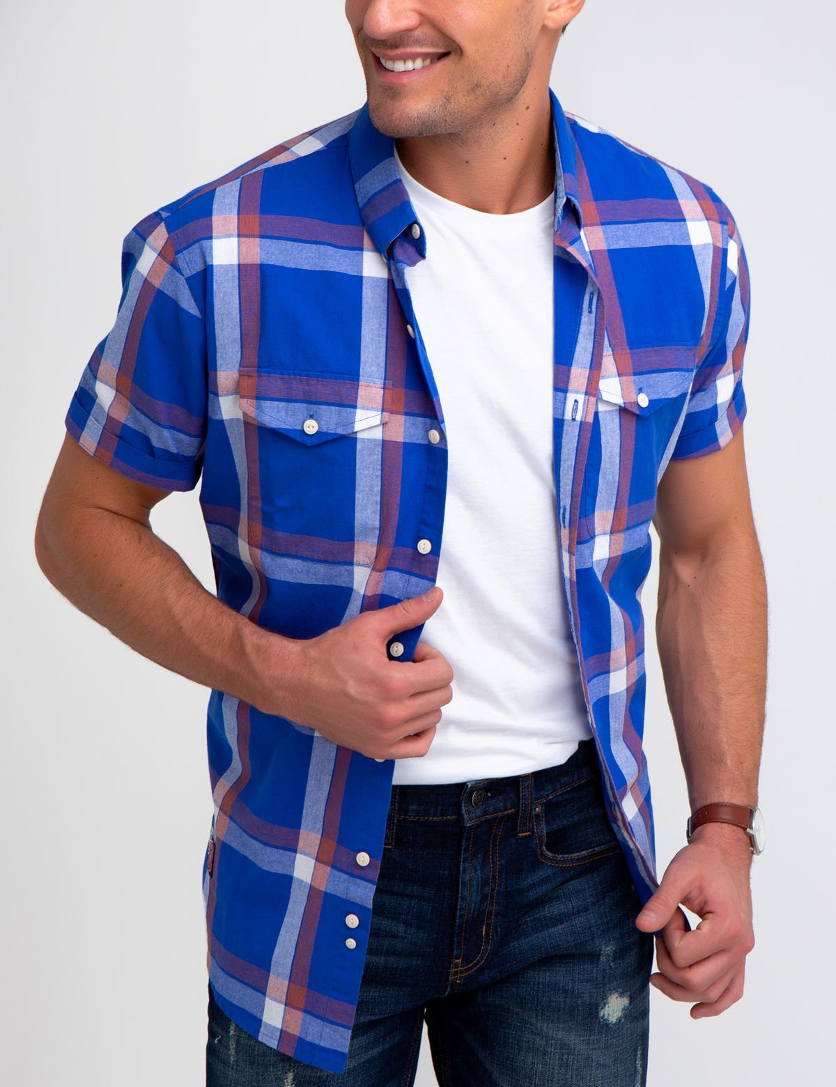 Stretch Slim Plaid Shirt with Embroidered Logo | Short Sleeve Casual