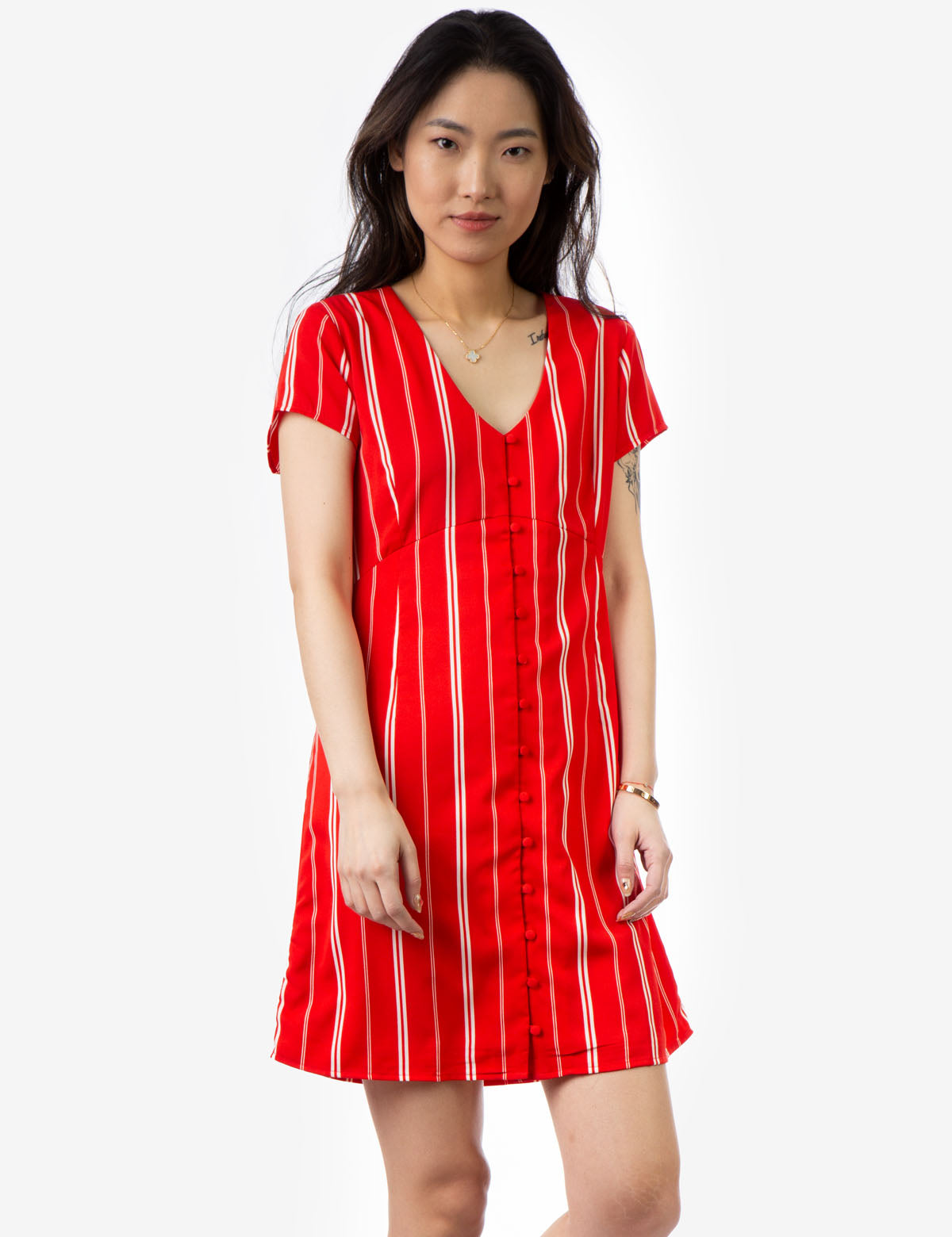 Striped Button-Up Dress with V-Neck & Short Sleeves | U.S. Polo Assn.