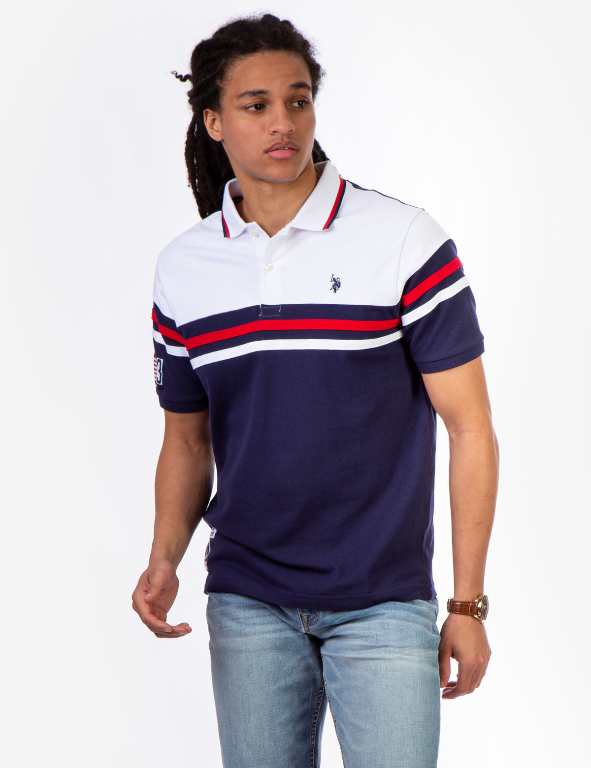 Color Block Polo Shirt with Stripe Design & Embroidered Logo | USPA