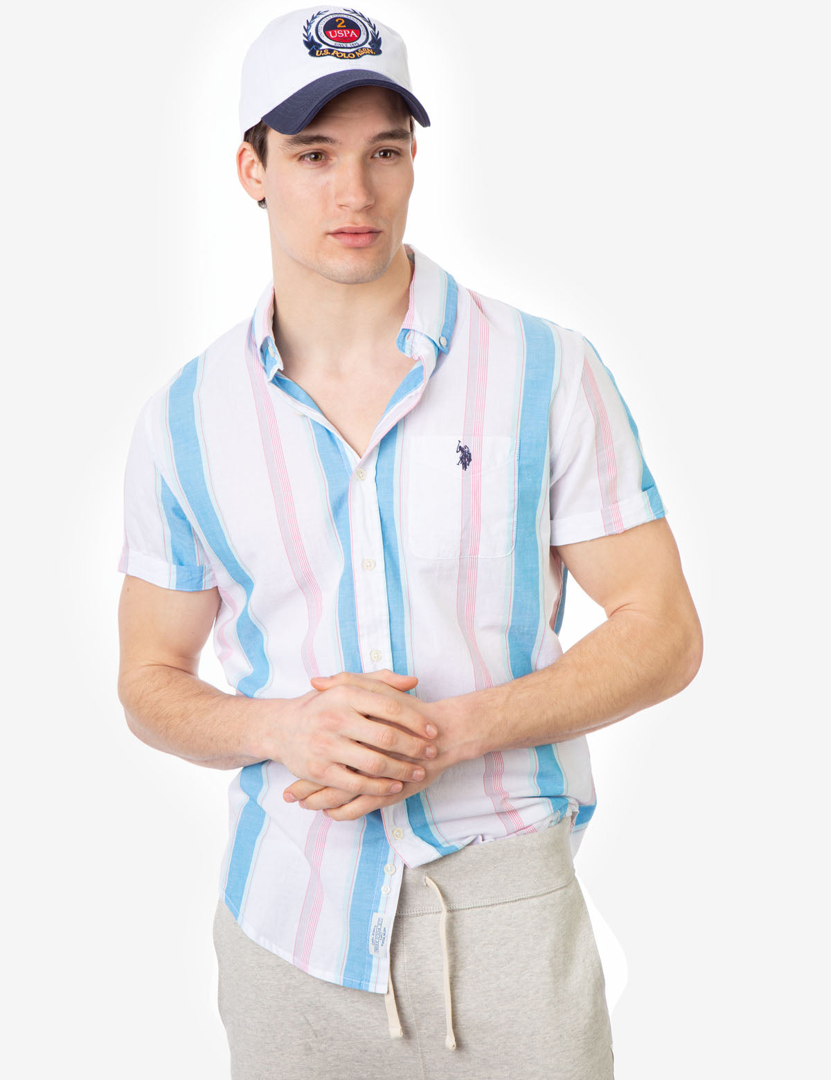 Stripe Madras Short Sleeve Shirt with Button Placket & Logo Pocket
