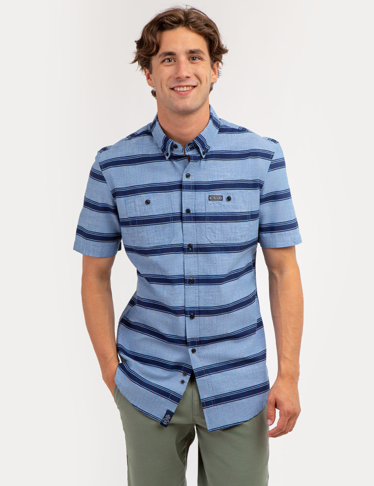 Striped Short Sleeve Shirt with Double Chest Pocket | 100% Cotton