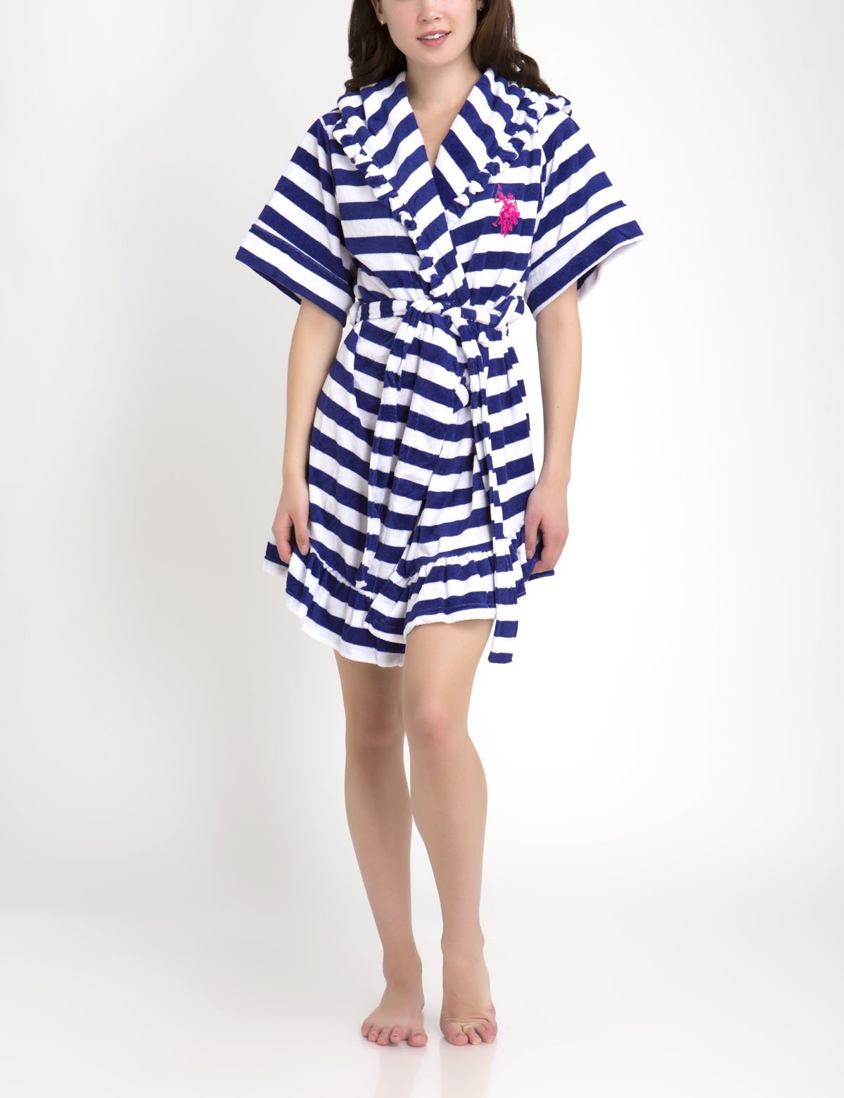 Cozy Plush Stripe Robe with Tie Waist & Short Sleeves | Above Knee Length