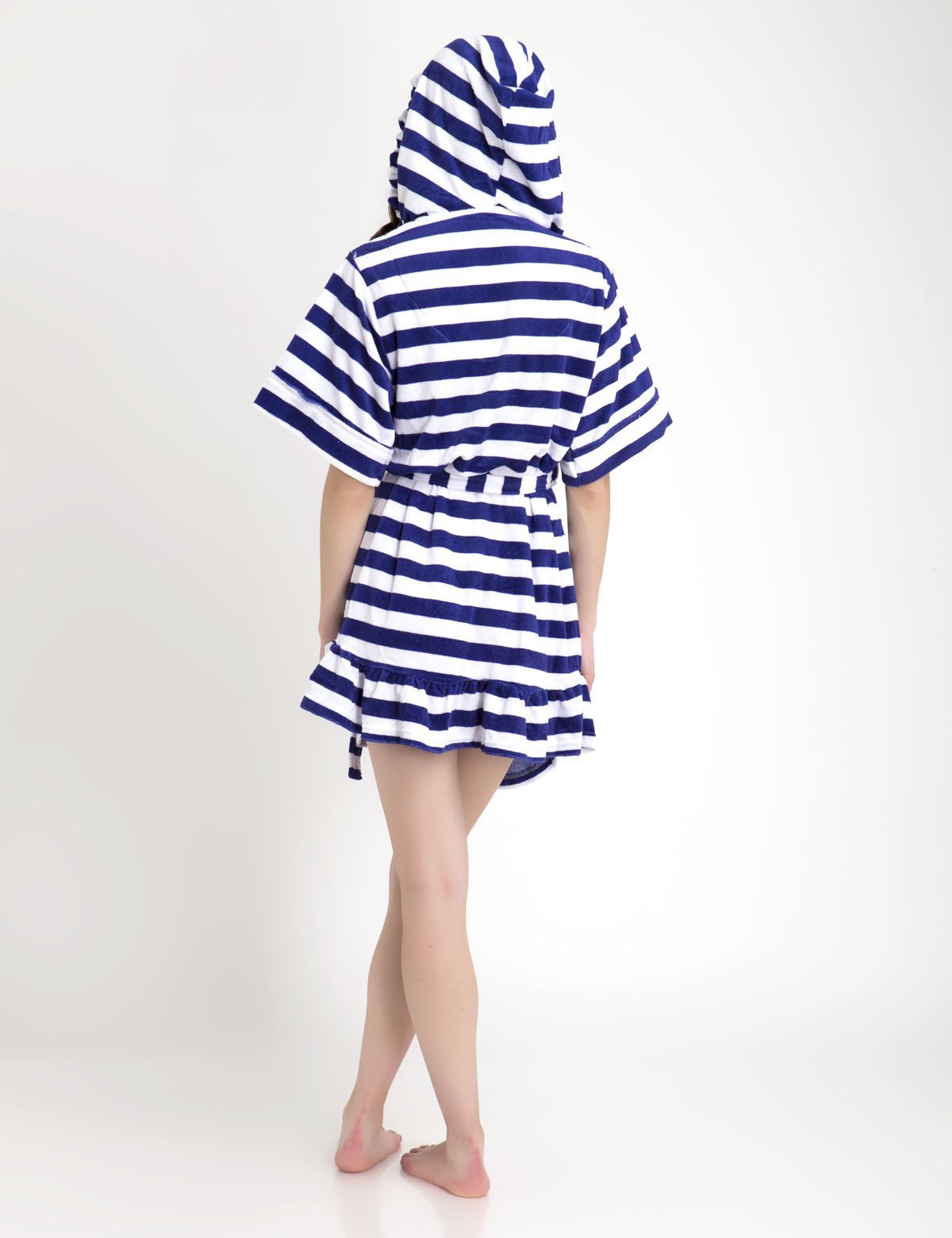 Cozy Plush Stripe Robe with Tie Waist & Short Sleeves | Above Knee Length