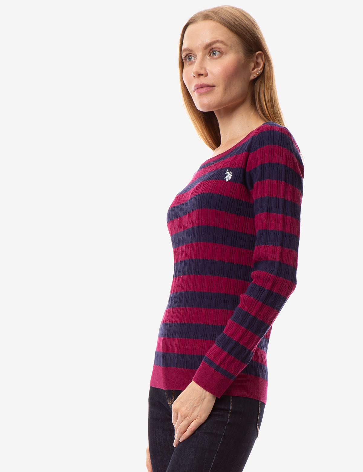 Striped Cable Knit Sweater with Round Neck & Long Sleeves