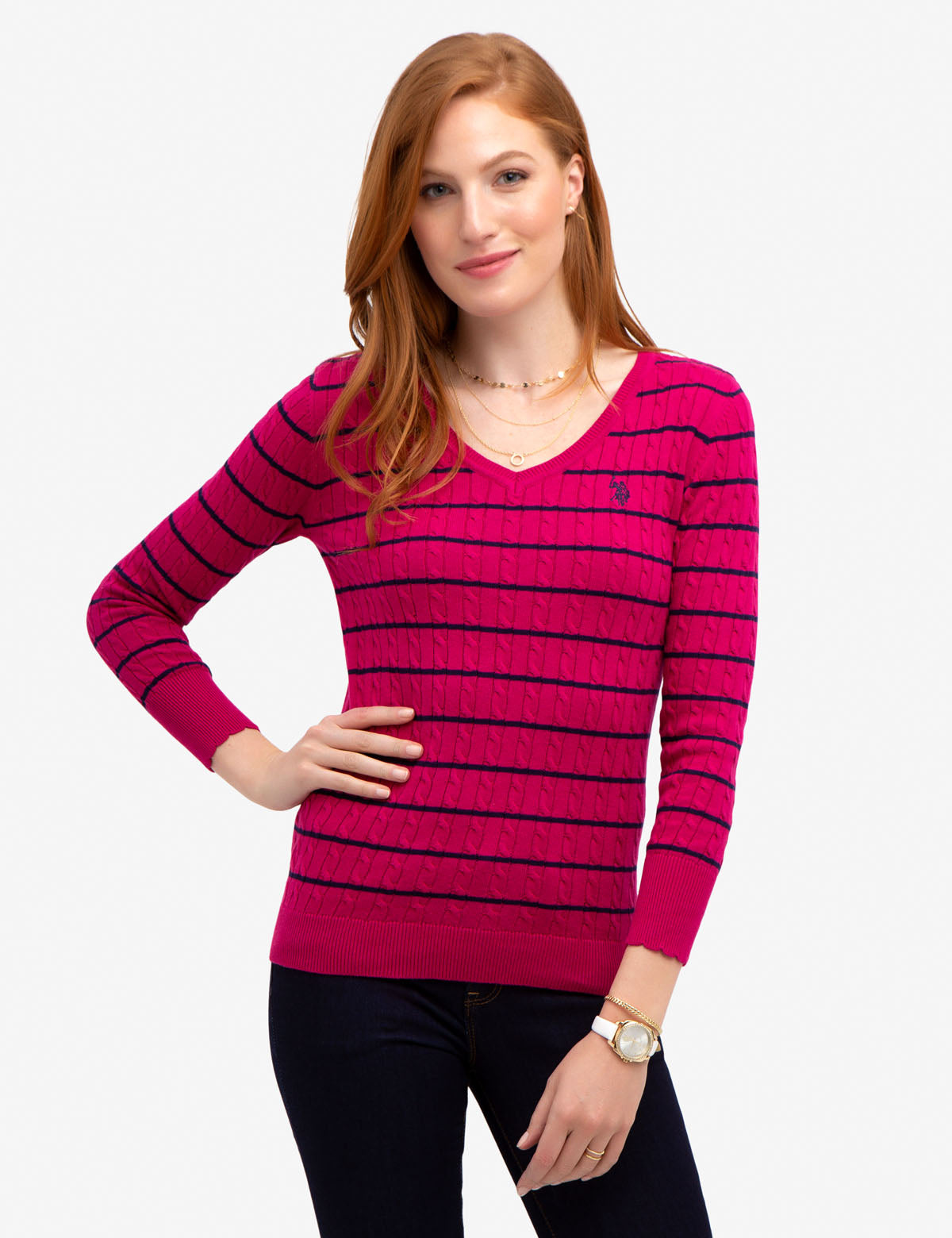 Striped Cable Knit V-Neck Sweater | Machine Washable