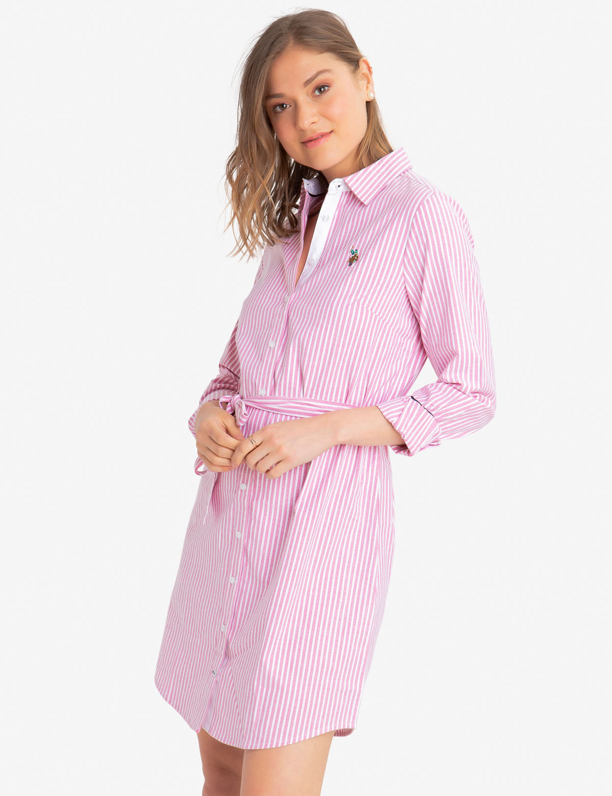 Striped Oxford Dress with Button Placket & Tie Waist