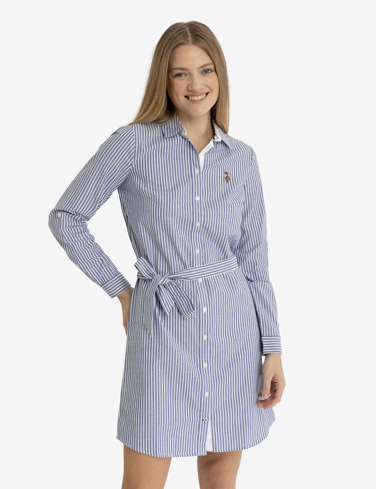 Striped Oxford Dress with Button Placket & Tie Waist