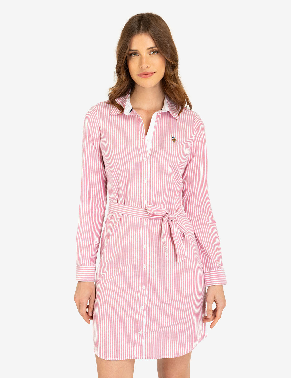 Striped Oxford Dress with Button Placket & Tie Waist