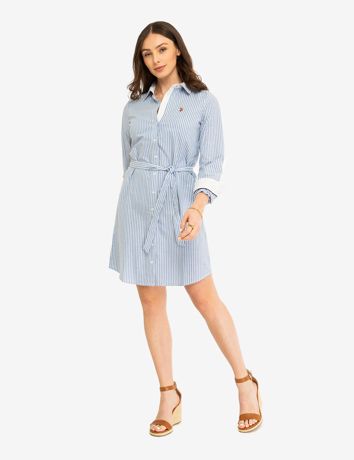 Striped Oxford Dress with Button Placket & Tie Waist