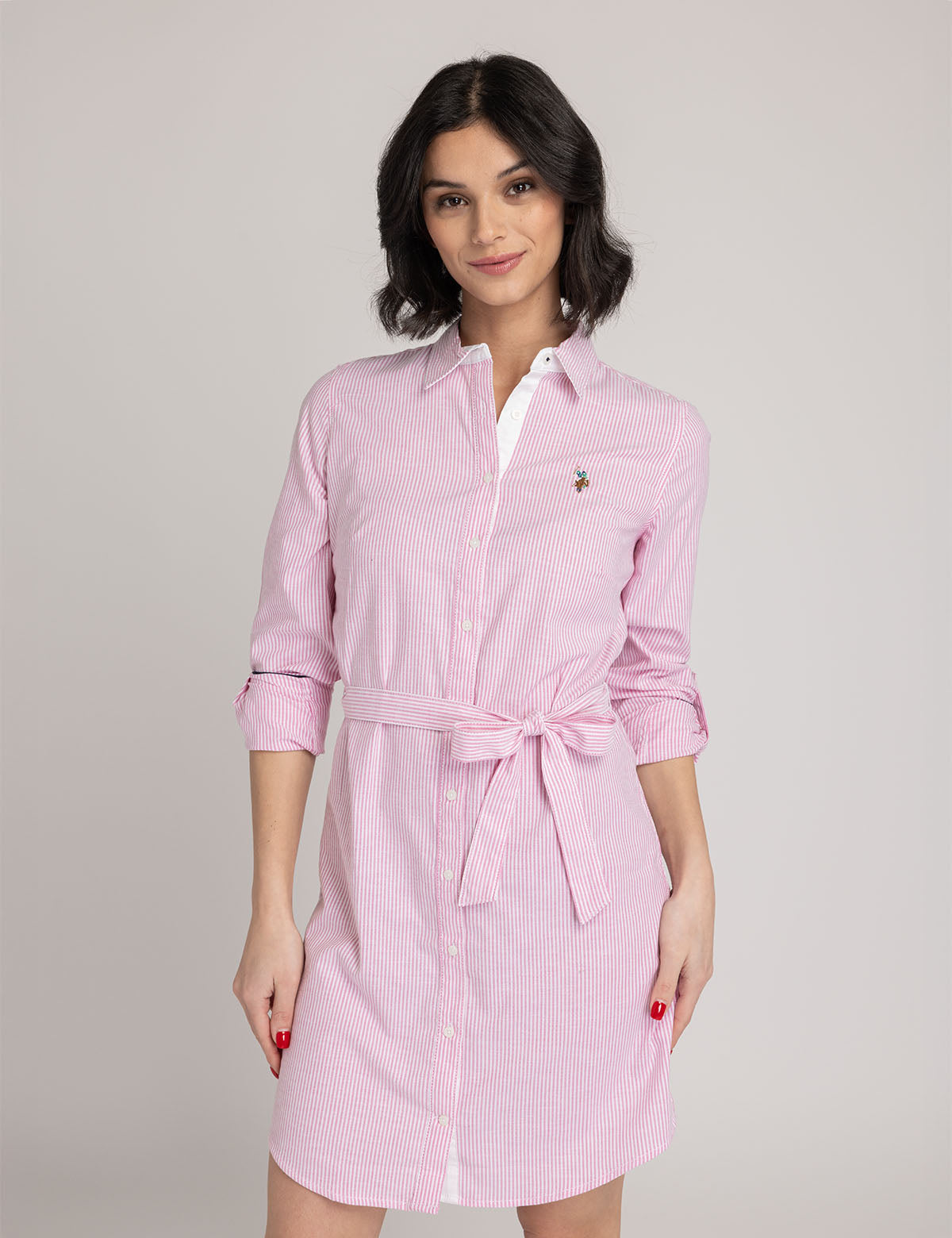 Striped Oxford Dress with Button Placket & Tie Waist
