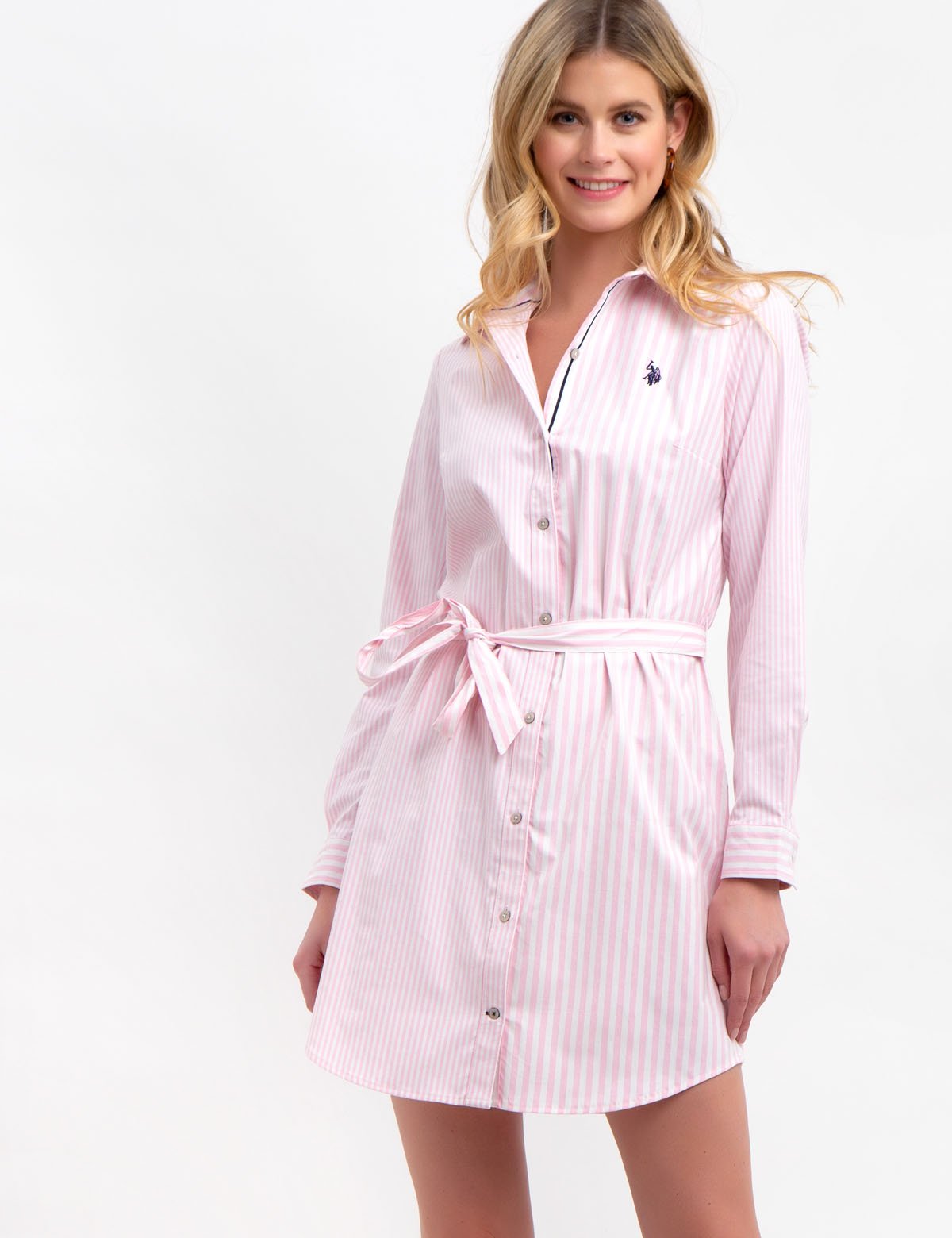 Striped Oxford Dress with Button Placket & Tie Waist | Classic Style