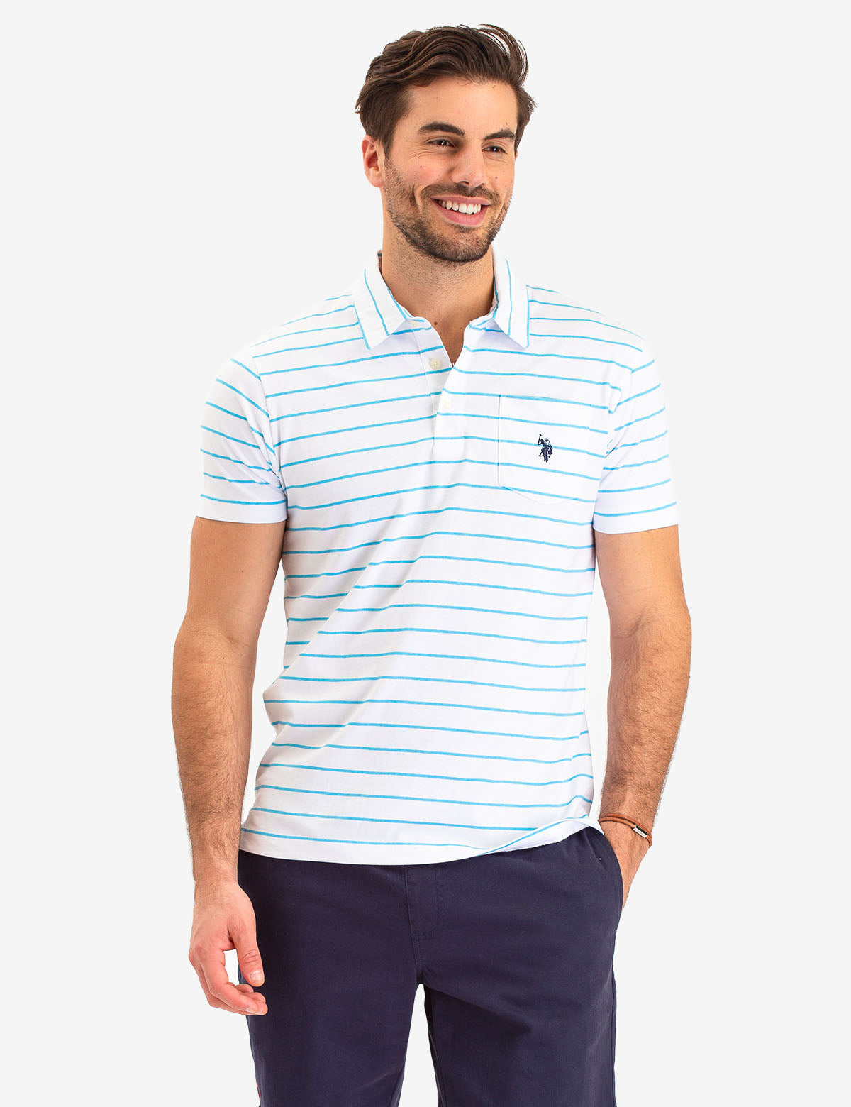 Men's Striped Polo Shirt with Pocket & Logo | Short Sleeve