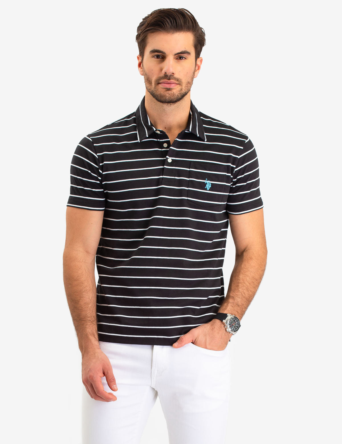 Men's Striped Polo Shirt with Pocket & Logo | Short Sleeve