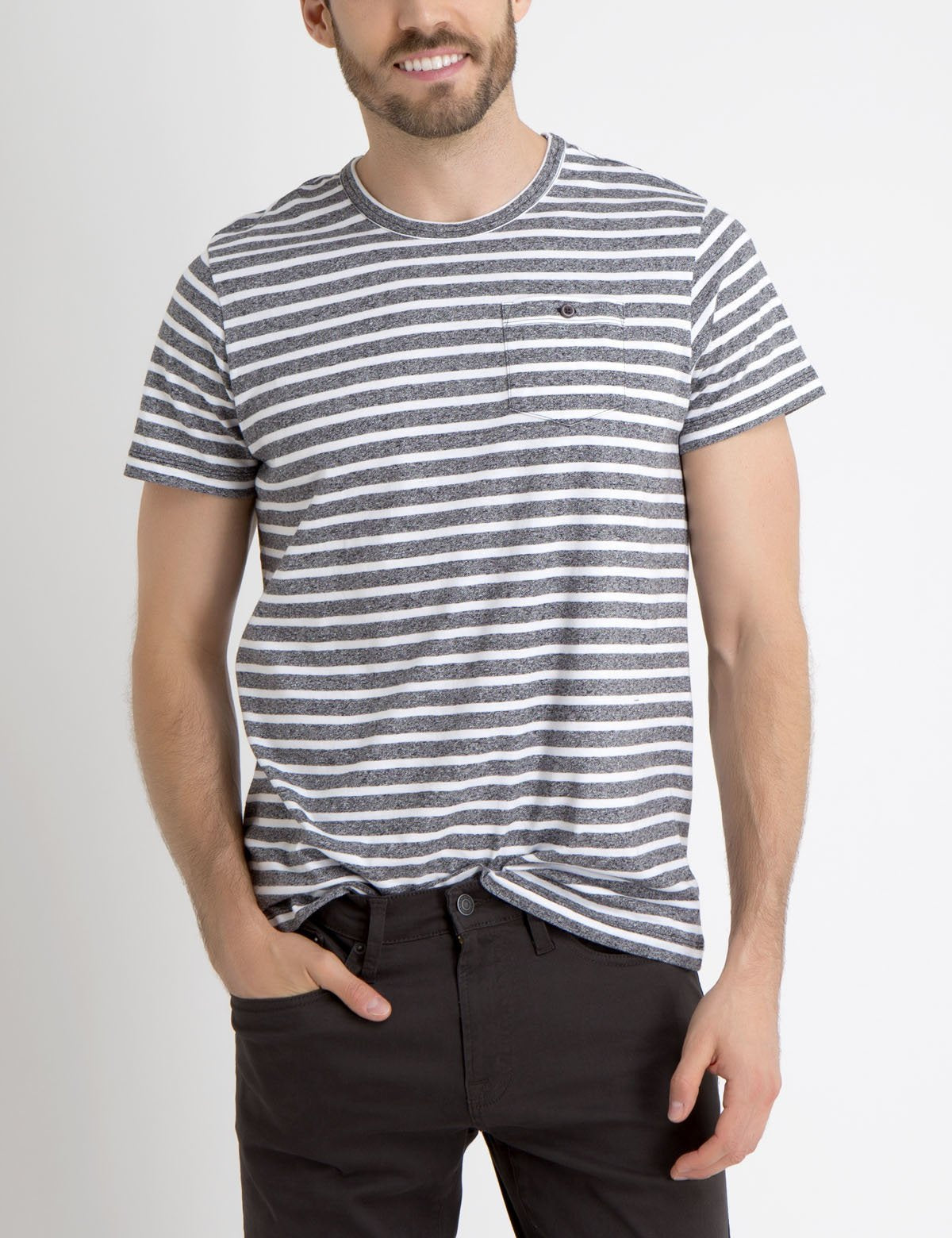 Striped Pocket T-Shirt with Button Closure | Crew Neck Short Sleeve