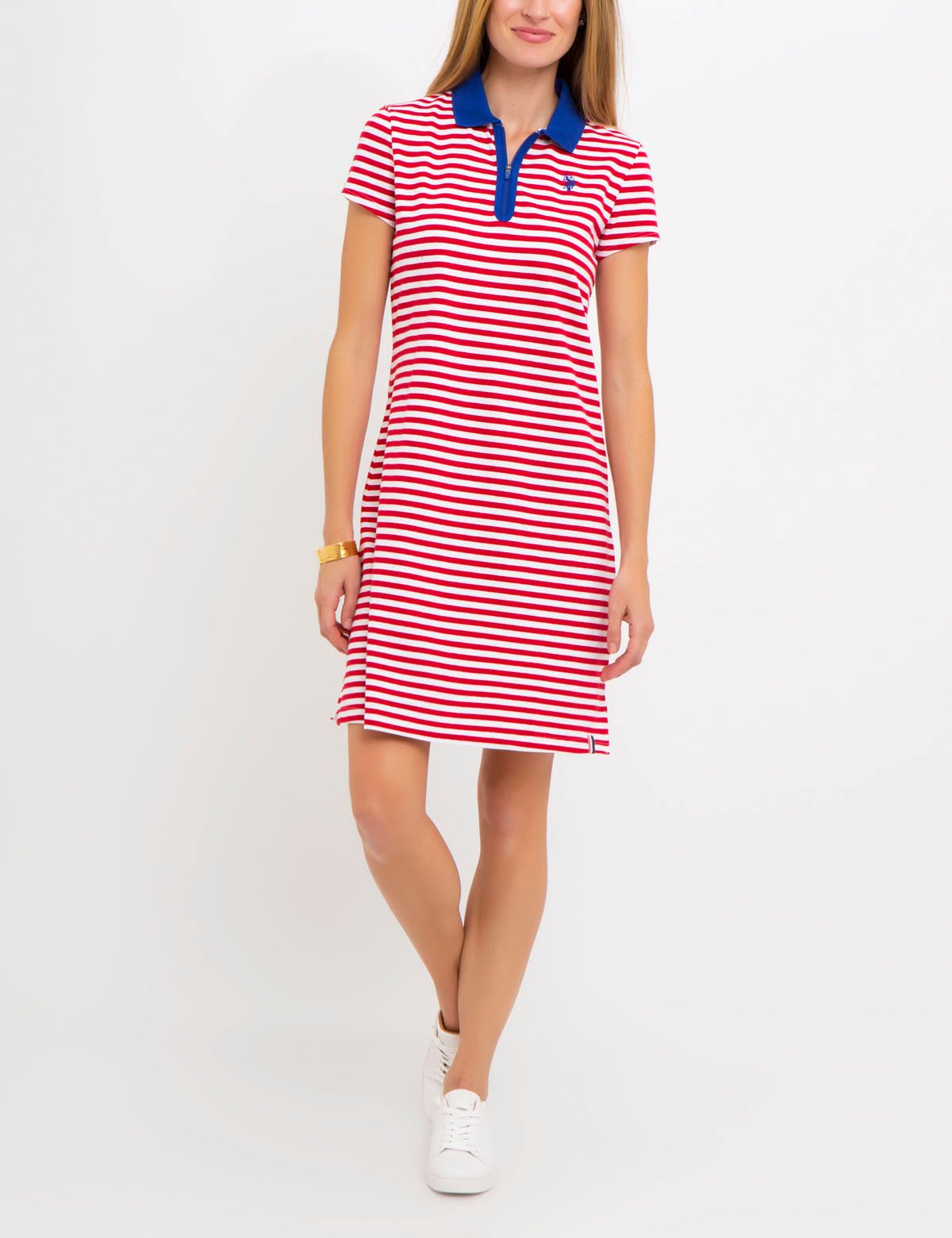 Striped Polo Dress with Zipper Collar & Short Sleeves