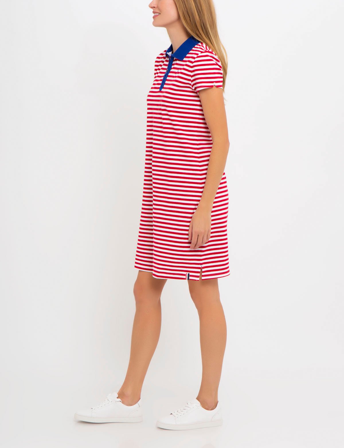 Striped Polo Dress with Zipper Collar & Short Sleeves