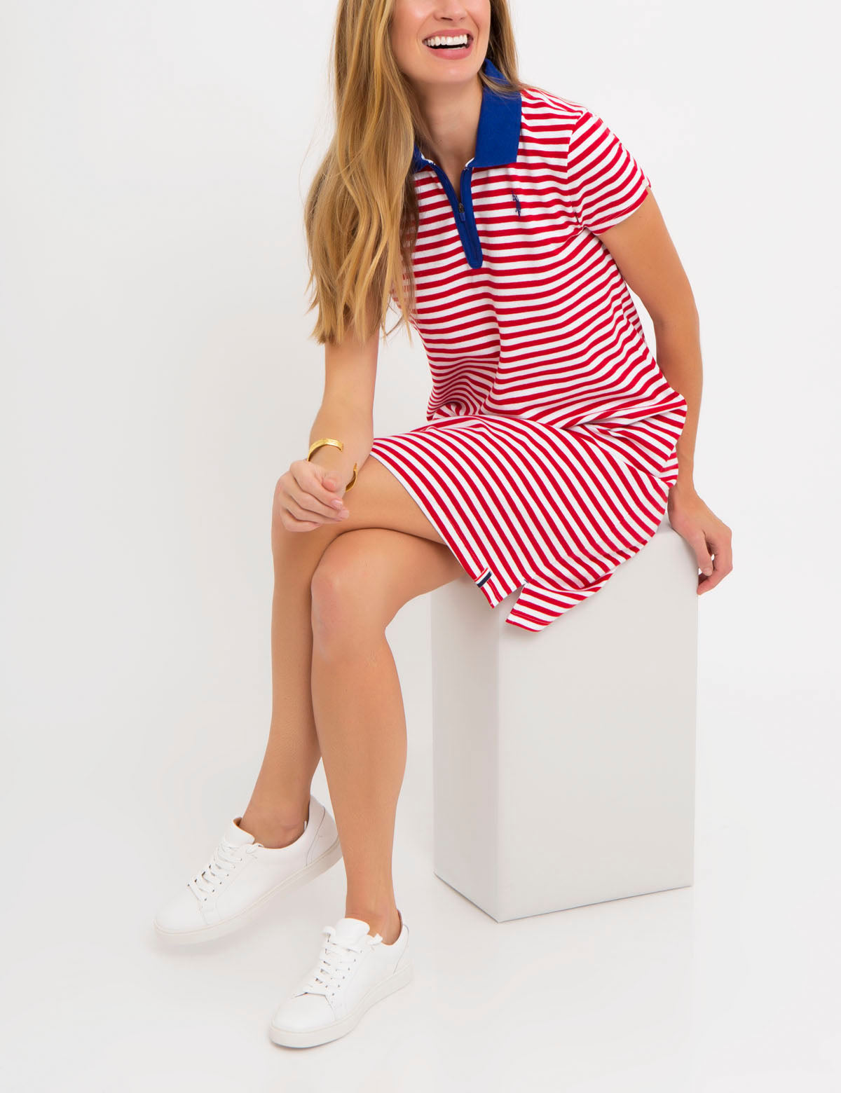 Striped Polo Dress with Zipper Collar & Short Sleeves