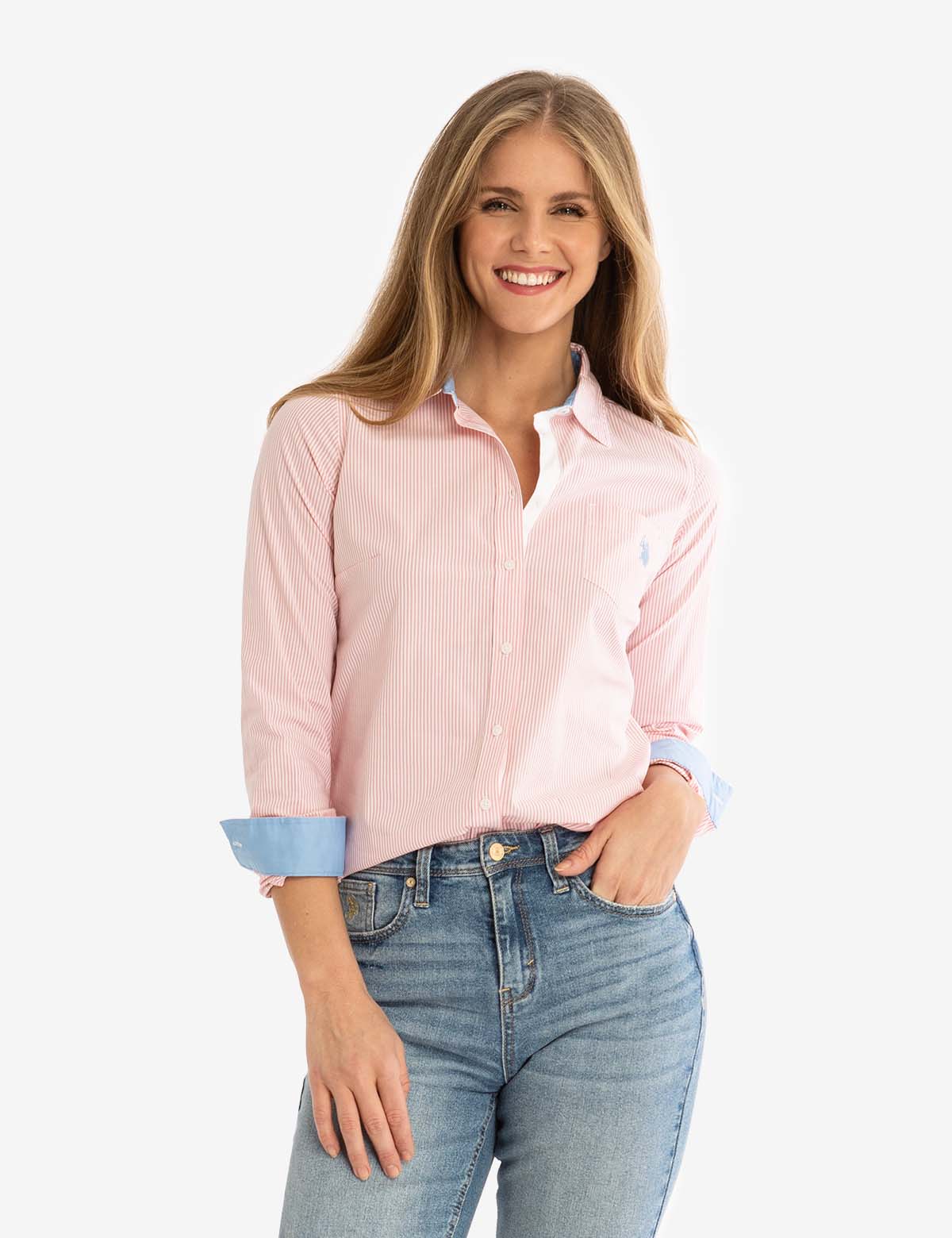 Striped Cotton Long Sleeve Shirt with Logo | U.S. Polo Assn.