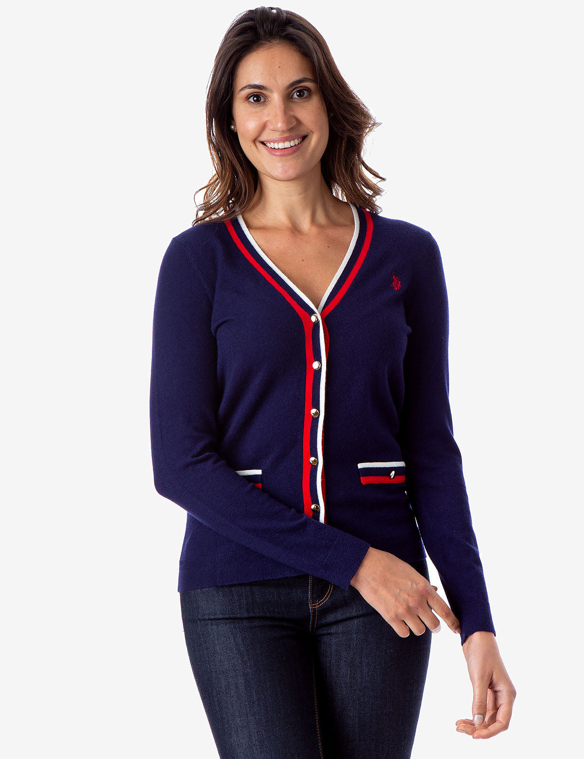 Striped Rib Knit Cardigan with Piped Pockets & Button Front