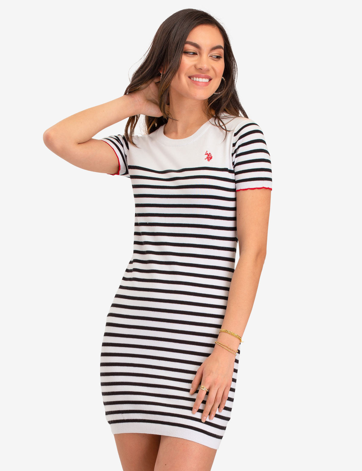 Striped Scallop Sweater Dress with Round Neck & Short Sleeves