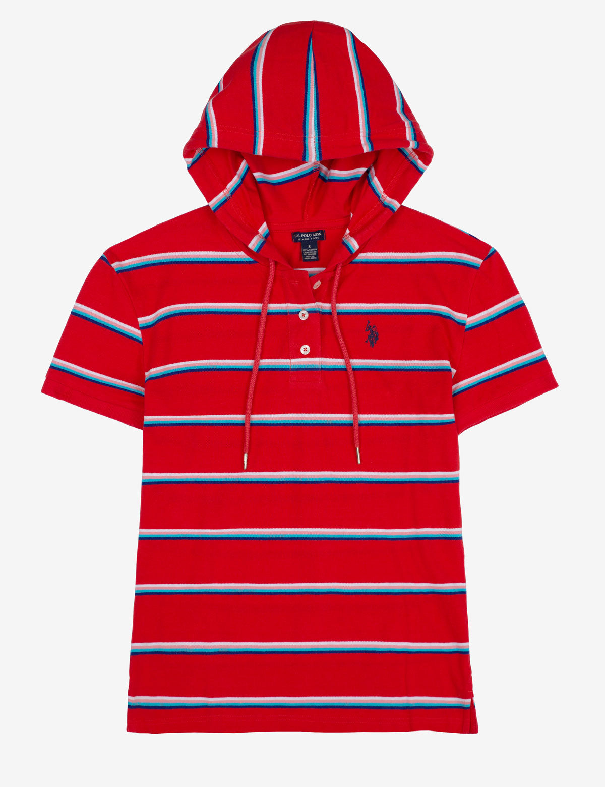 Striped Short Sleeve Hoodie with Drawstring & Button Placket